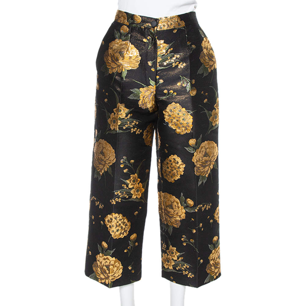 Dolce & Gabbana Black & Gold Floral Jacquard Cropped Trousers M