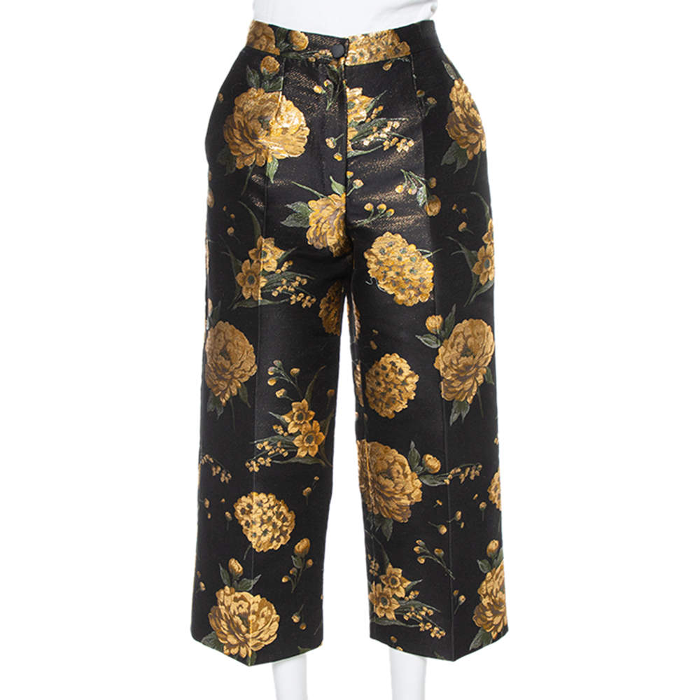Pre Owned Dolce & Gabbana Black & Gold Floral Jacquard Cropped Trousers M