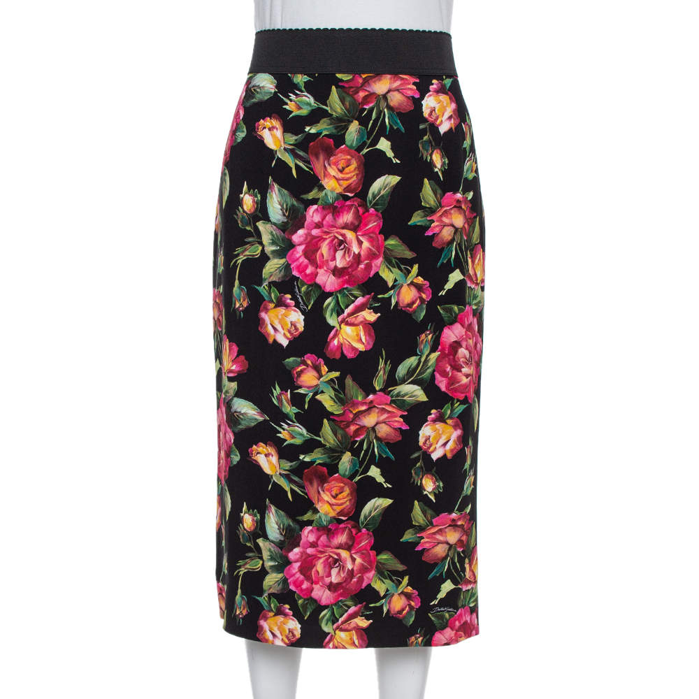 Pre Owned Dolce & Gabbana Black Floral Print Cady Pencil Skirt M