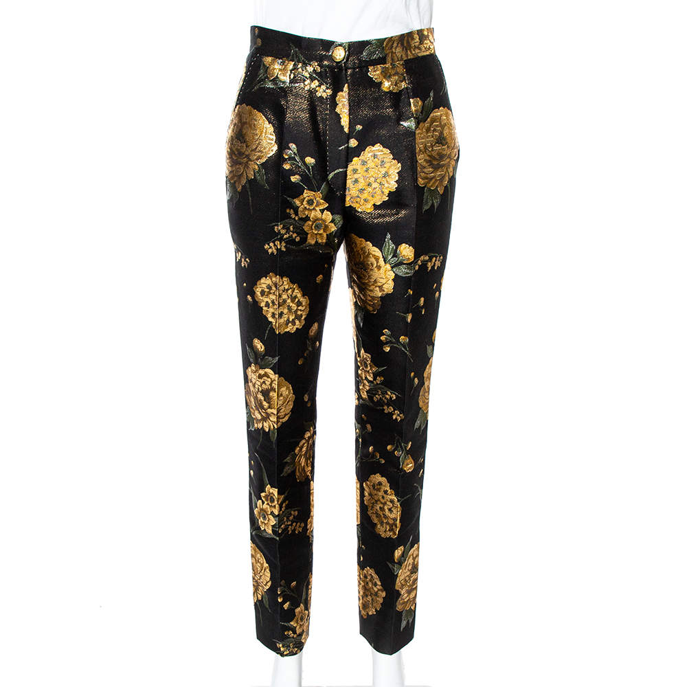 Pre Owned Dolce & Gabbana Black/Gold Floral Jacquard Straight Leg Trousers S