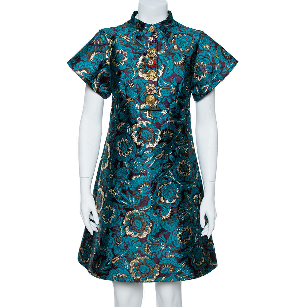 Pre Owned Dolce & Gabbana Metallic Green Jacquard Embellished Midi Dress M