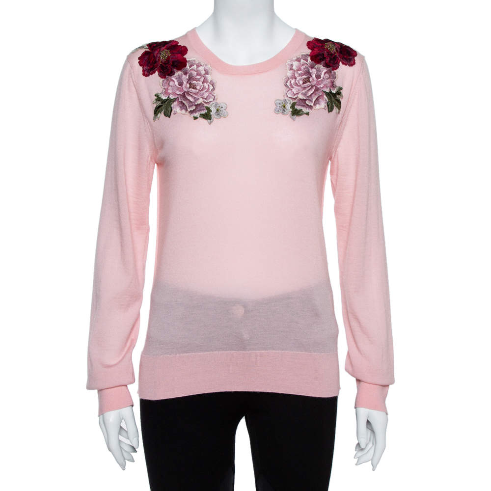 Pre Owned Dolce & Gabbana Pink Rose Applique Cashmere Pullover L