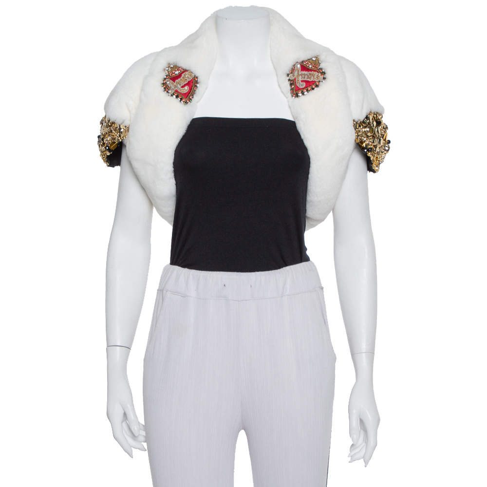 Pre Owned Dolce & Gabbana White Fur Stone & Sequin Embellished Open Front Crop Jacket S