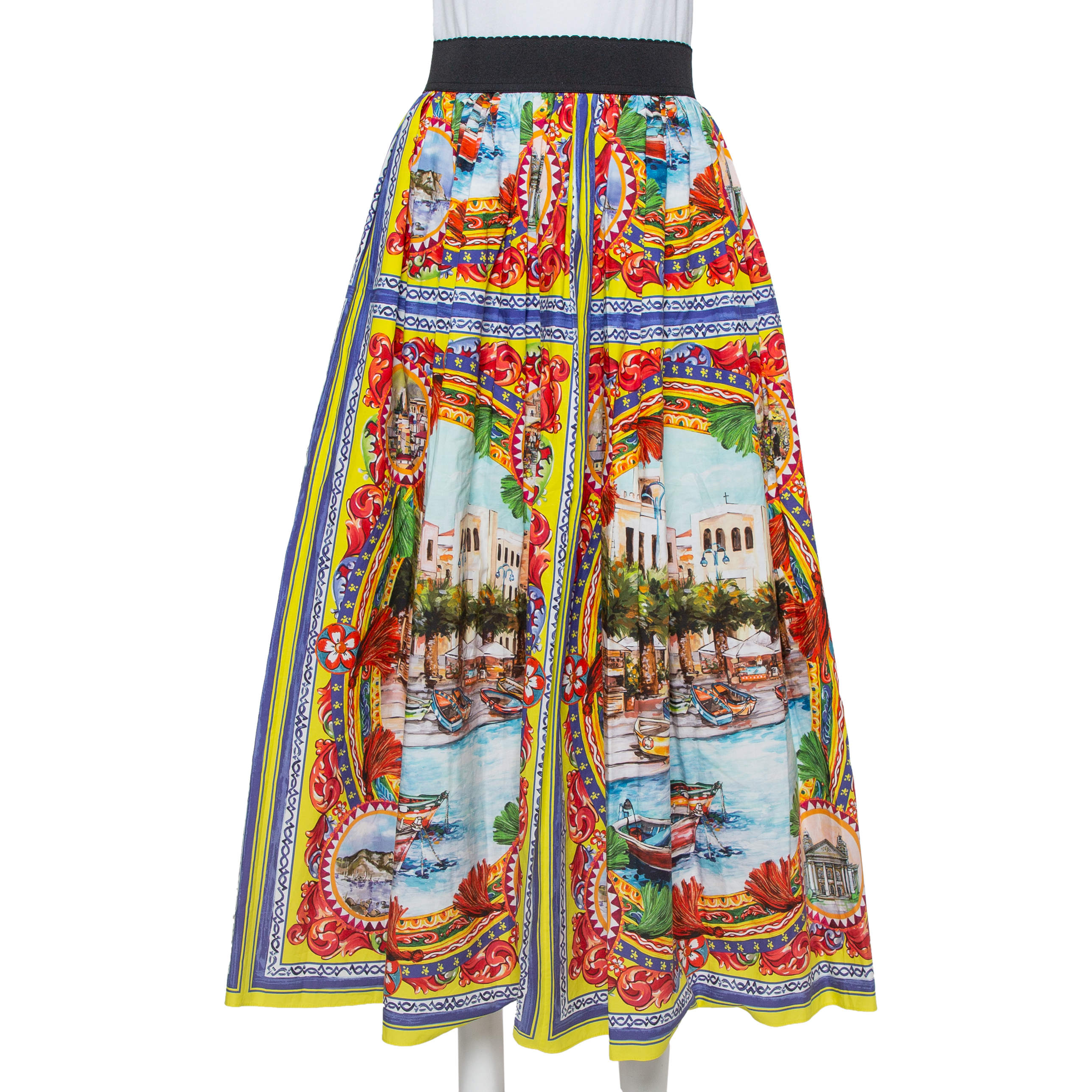 Pre Owned Dolce & Gabbana Multicolor Sicilian Postcard Printed Cotton Midi Skirt S