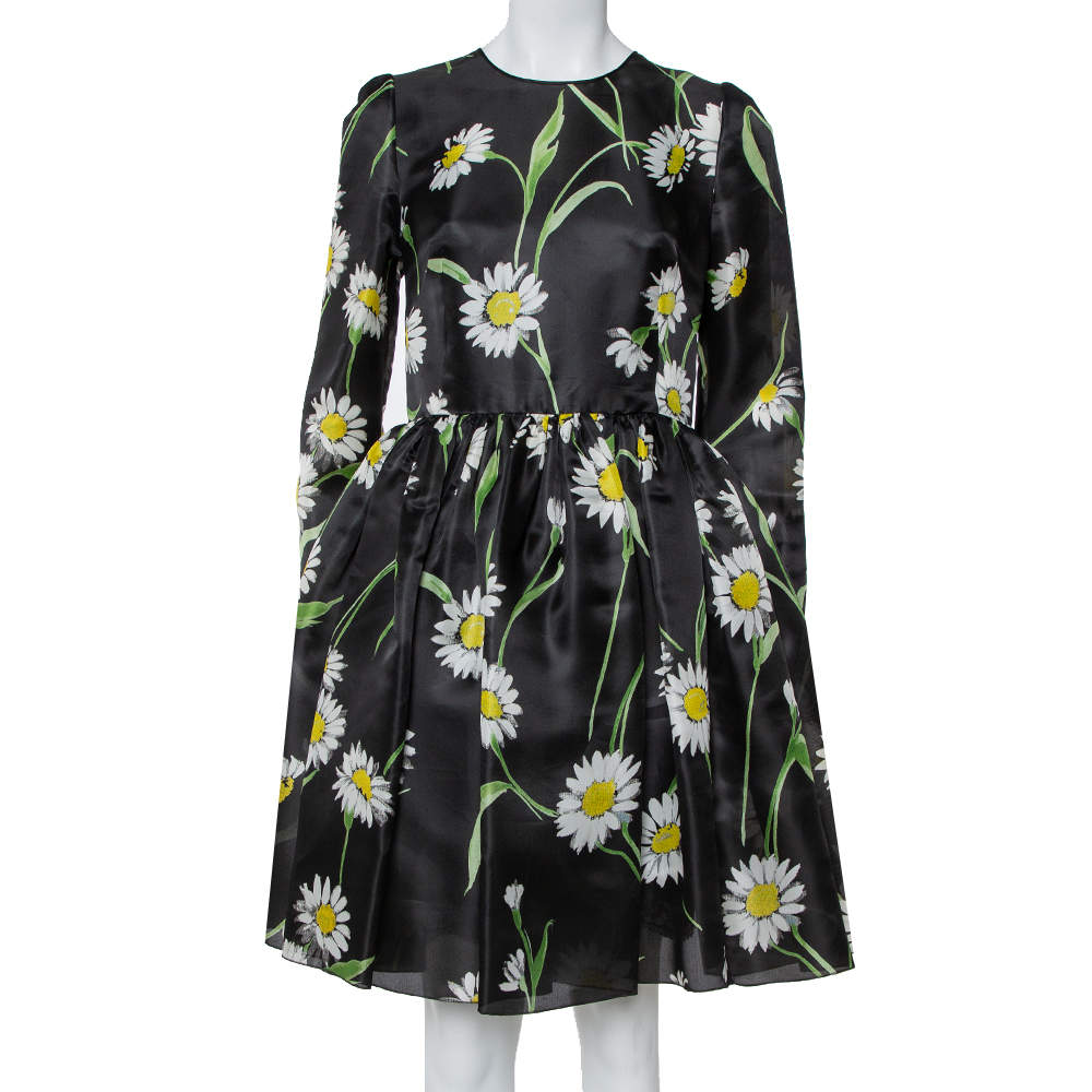 Pre Owned Dolce & Gabbana Black Sunflower Printed Silk Flared Dress M