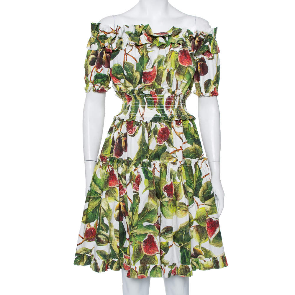 Dolce & Gabbana Green Fig Printed Cotton Off Shoulder Tiered Mini Dress M