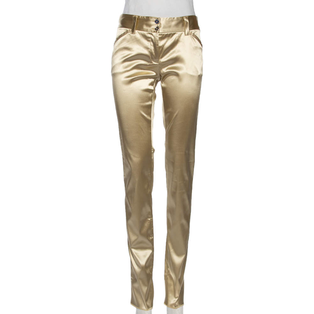 Pre Owned Dolce & Gabbana Gold Satin Contrast Trim Pants S