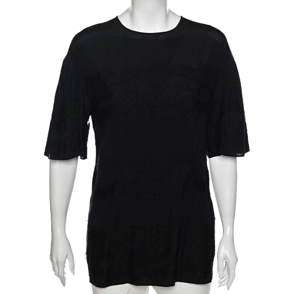 Pre Owned Dolce & Gabbana Black Silk & Lace Bell Sleeve Top L