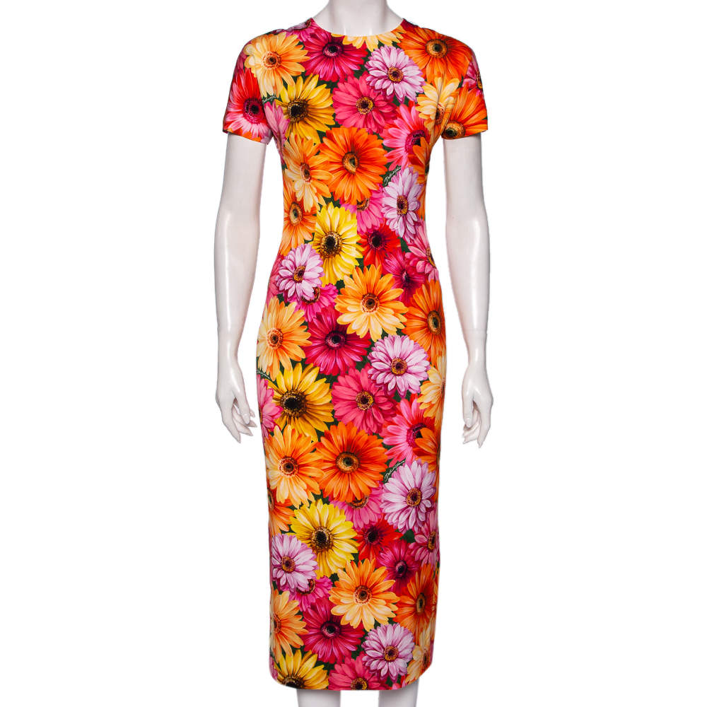 Pre Owned فستان دولتشي أند غابانا ميدي حرير مطبوع ديزي متعدد الألوان مقاس صغير