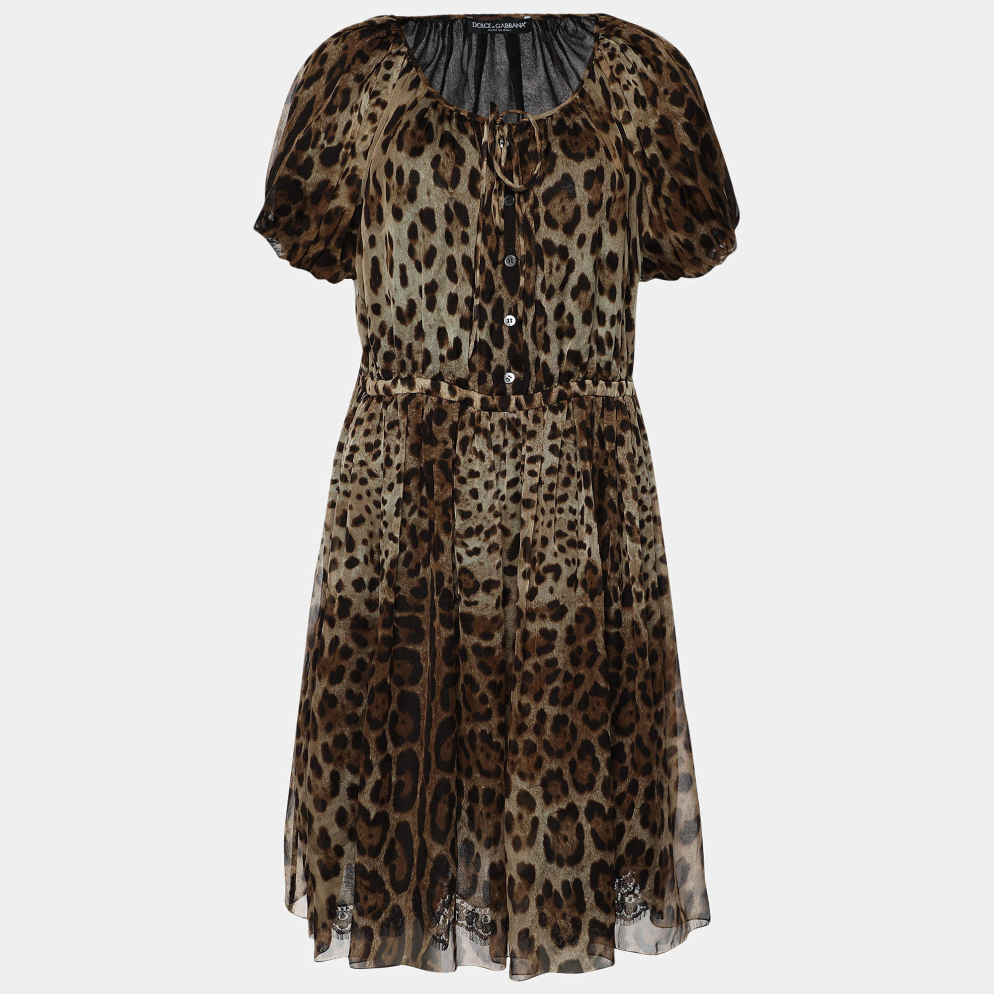 Pre Owned Dolce & Gabbana Brown Leopard Printed Silk Pleated Puffed Sleeve Dress L