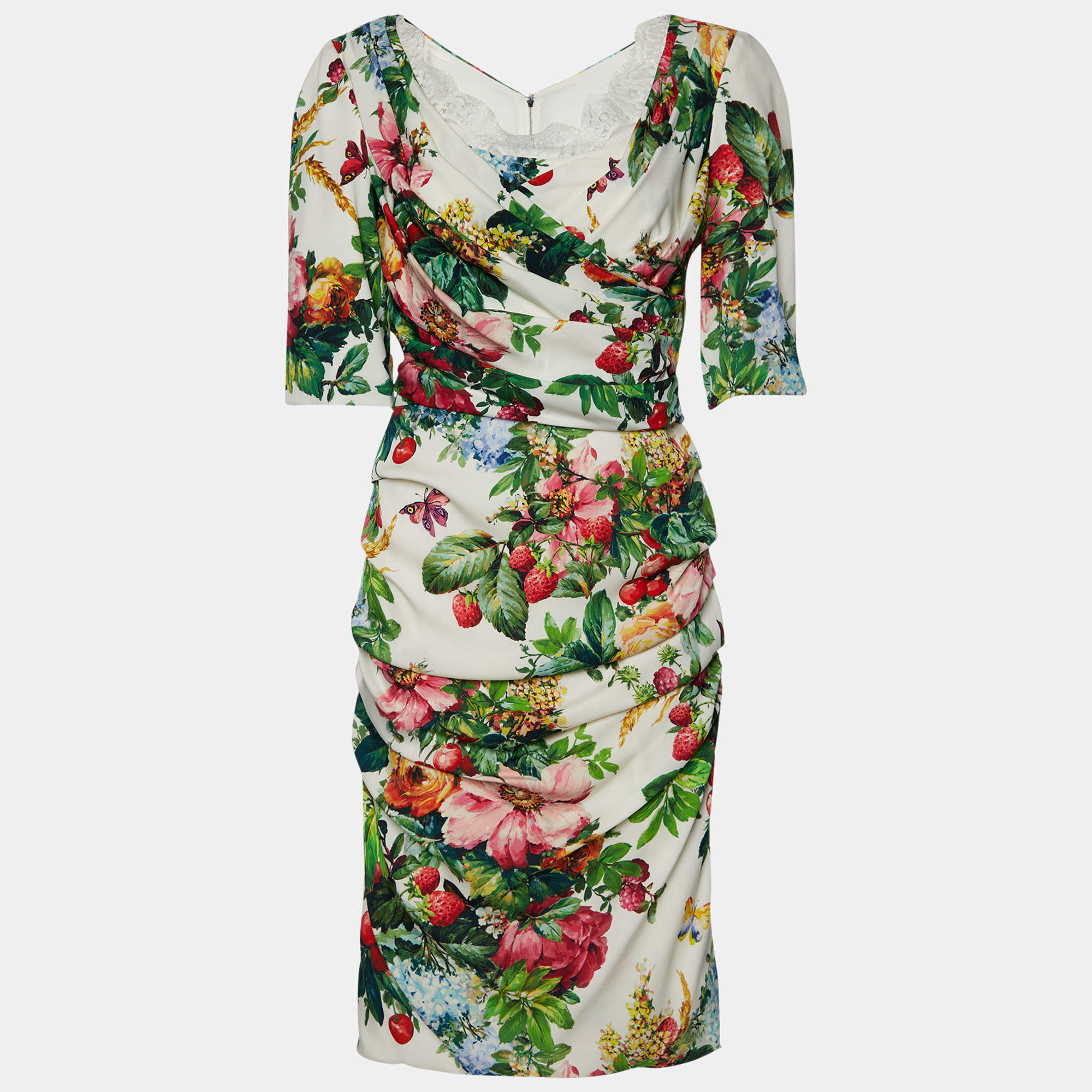 مملوكة مسبقًا فستان دولتشي أند غابانا ديرابيه حرير طباعة موردة أبيض مقاس وسط ( ميديوم )