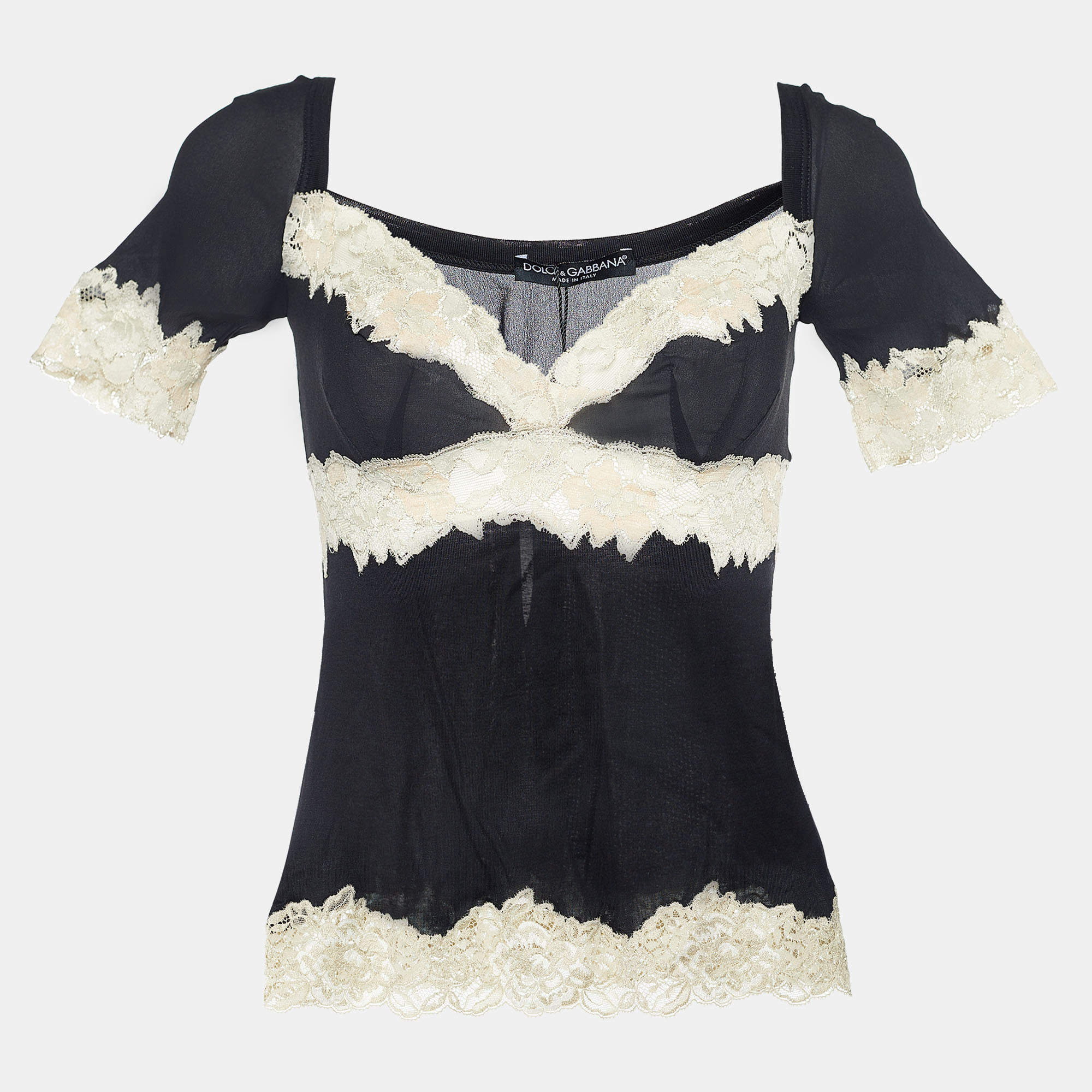Dolce \u0026 Gabbana Black Stretch Knit Lace Trimmed Short Sleeve Top M Dolce \u0026  Gabbana | TLC US, image size:2000x2000