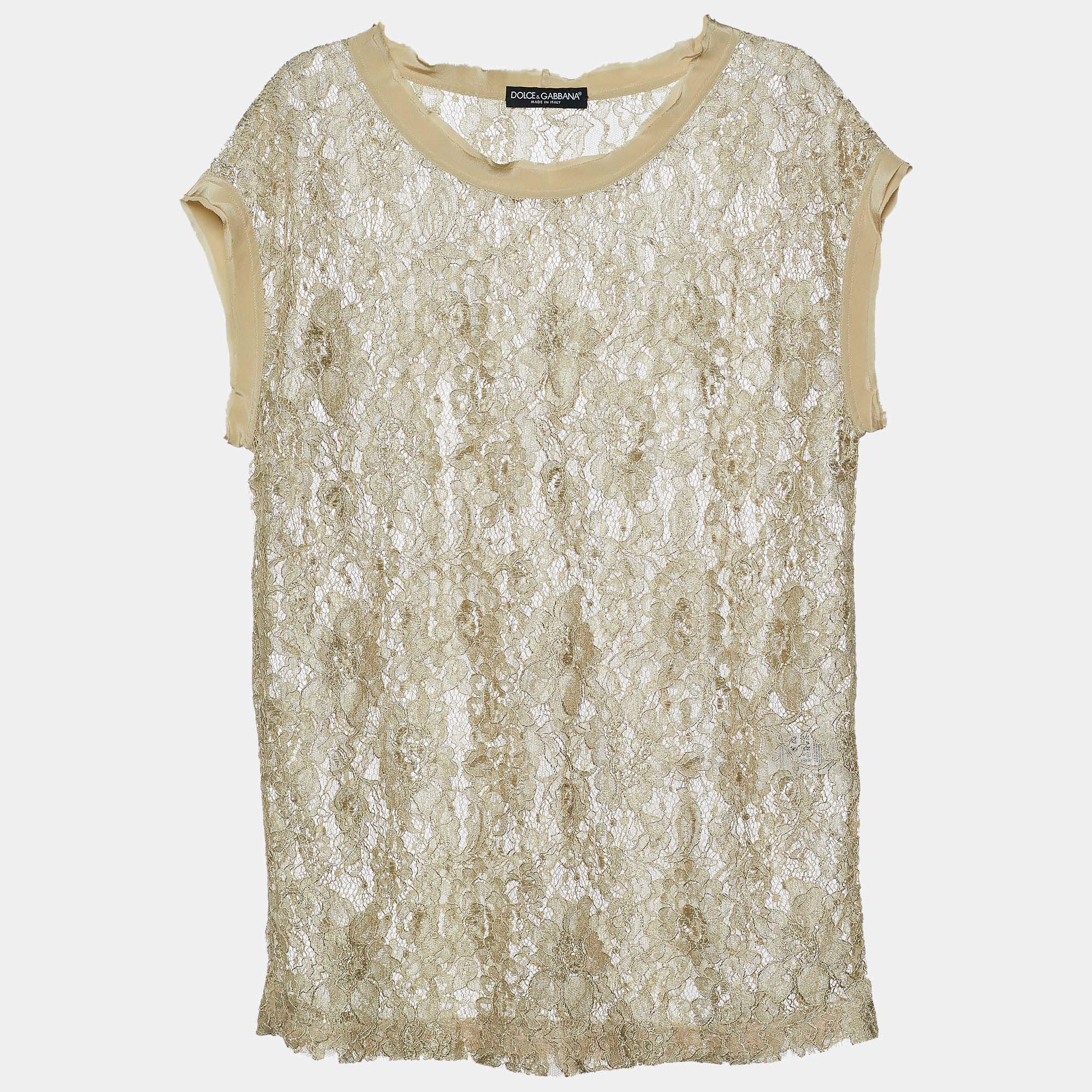 Pre Owned Dolce & Gabbana Green Floral Lace Top M