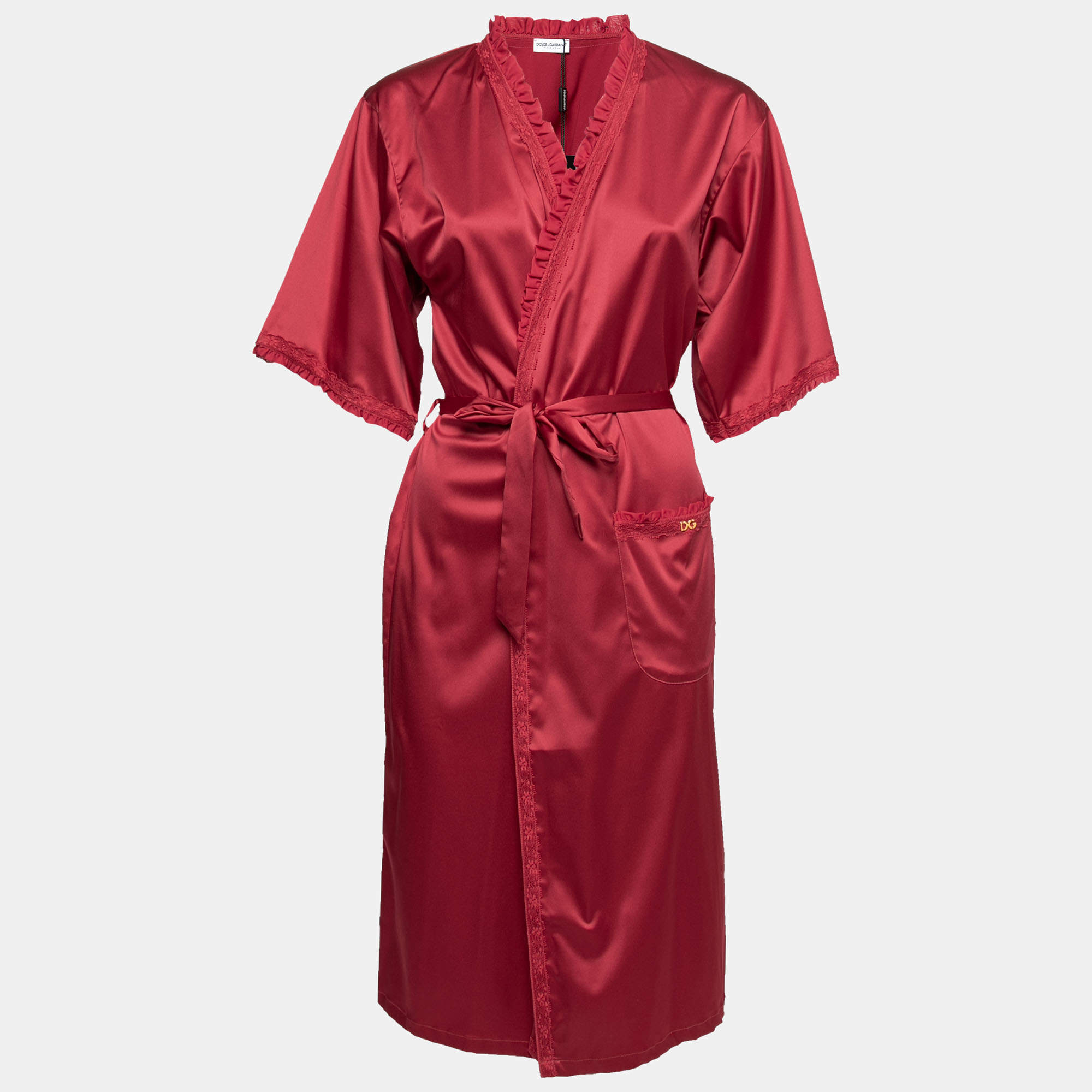 Pre Owned Dolce & Gabbana Red Satin Ruffled Lace Trimmed Belted Robe M
