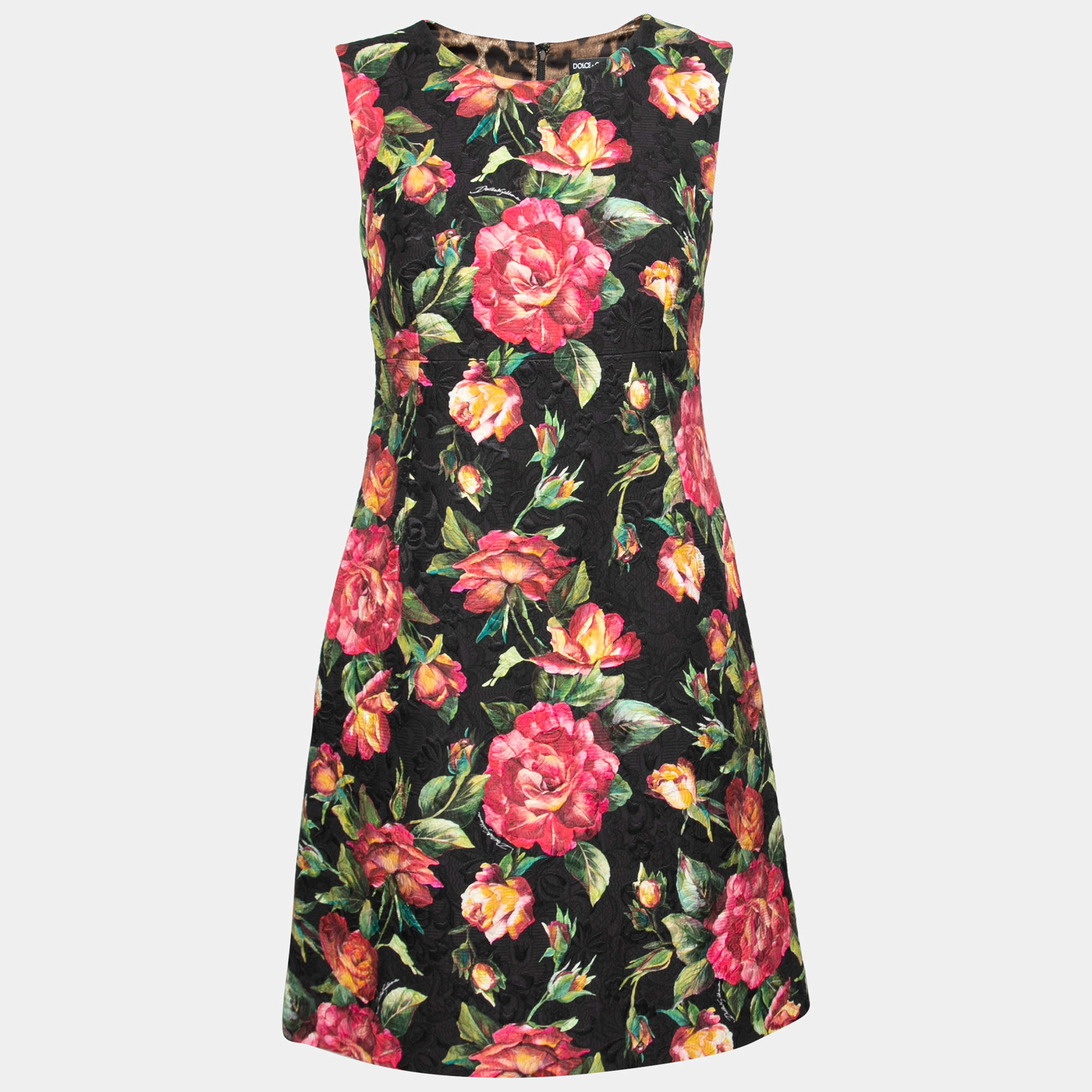 Pre Owned Dolce & Gabbana Black Floral Print Jacquard Sheath Dress S