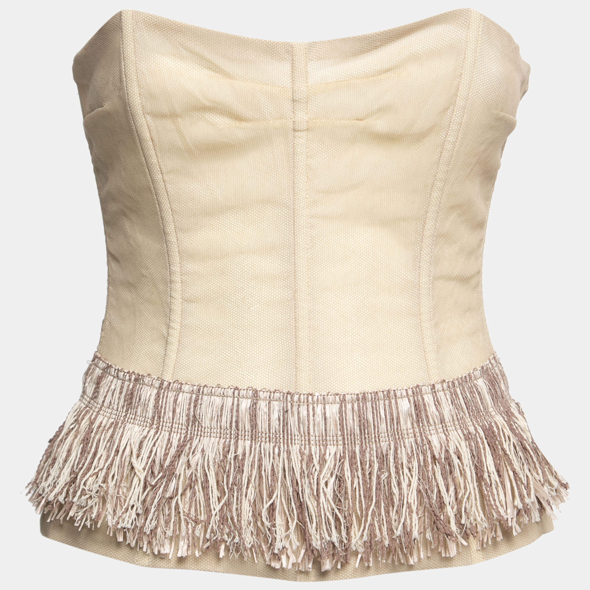 Pre Owned Dolce & Gabbana Beige Tulle Overlay Fringe Trimmed Corset M