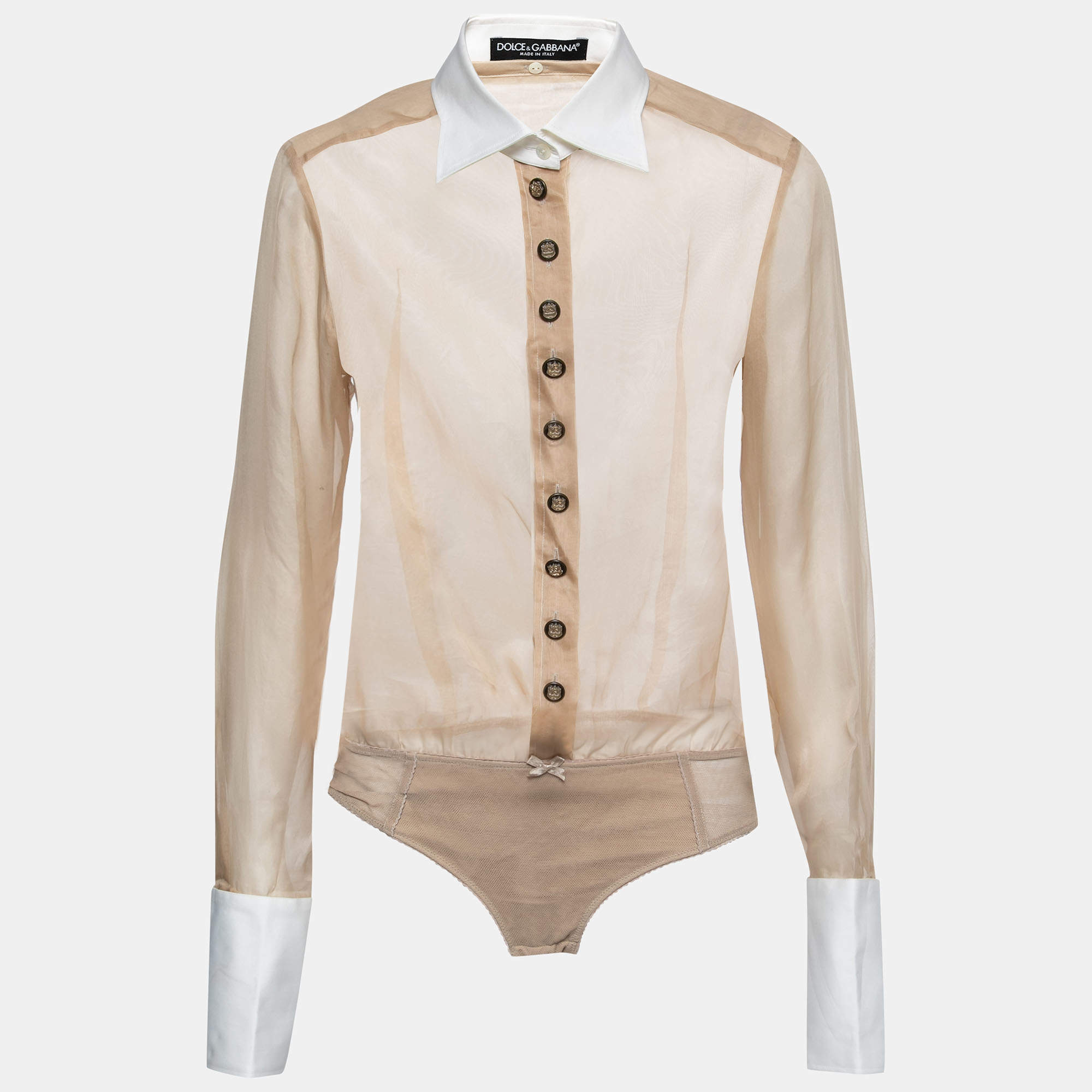 Pre Owned Dolce & Gabbana Beige Silk Detachable Collar Bodysuit Shirt M