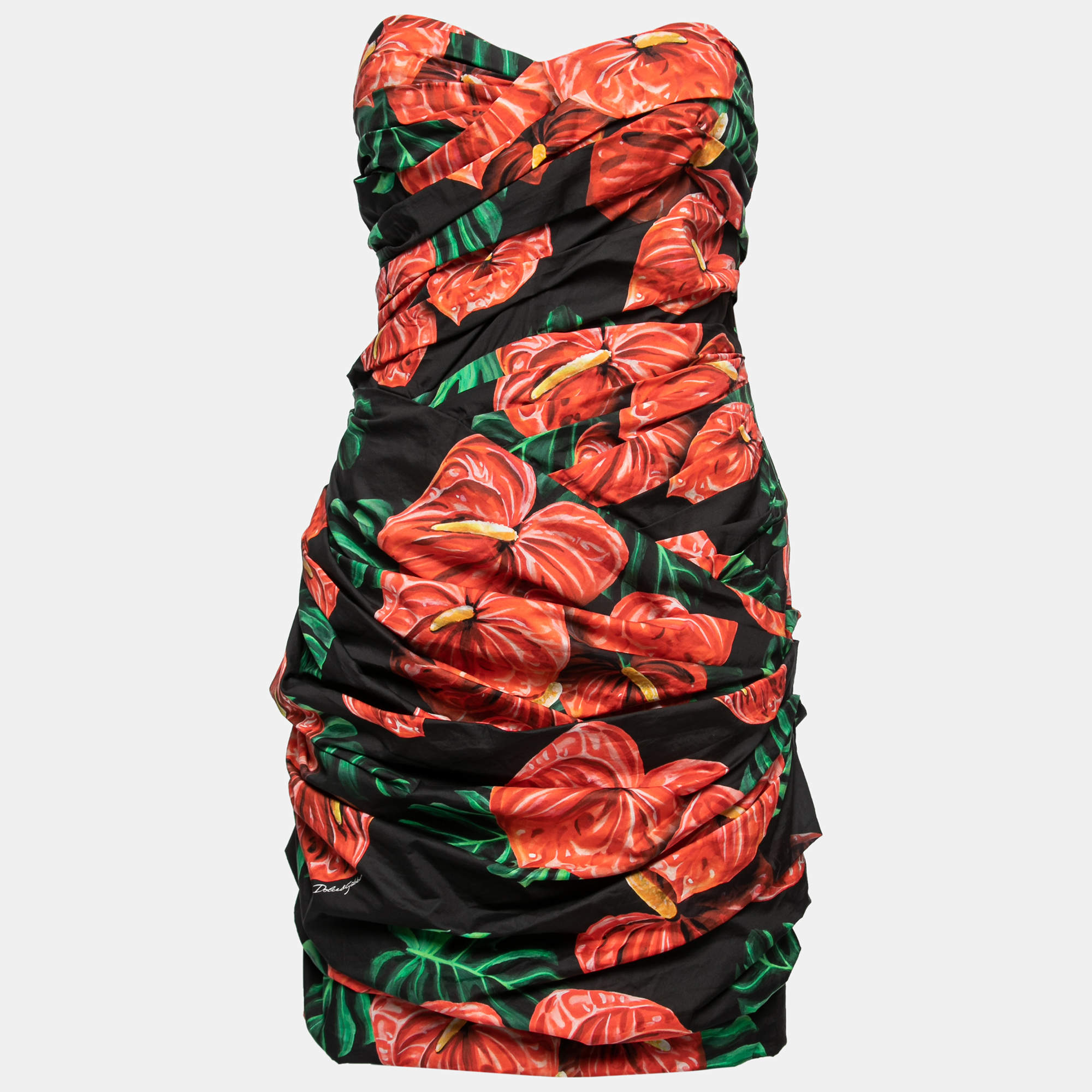 Pre Owned Dolce & Gabbana Black Floral Printed Cotton Ruched Mini Dress L 