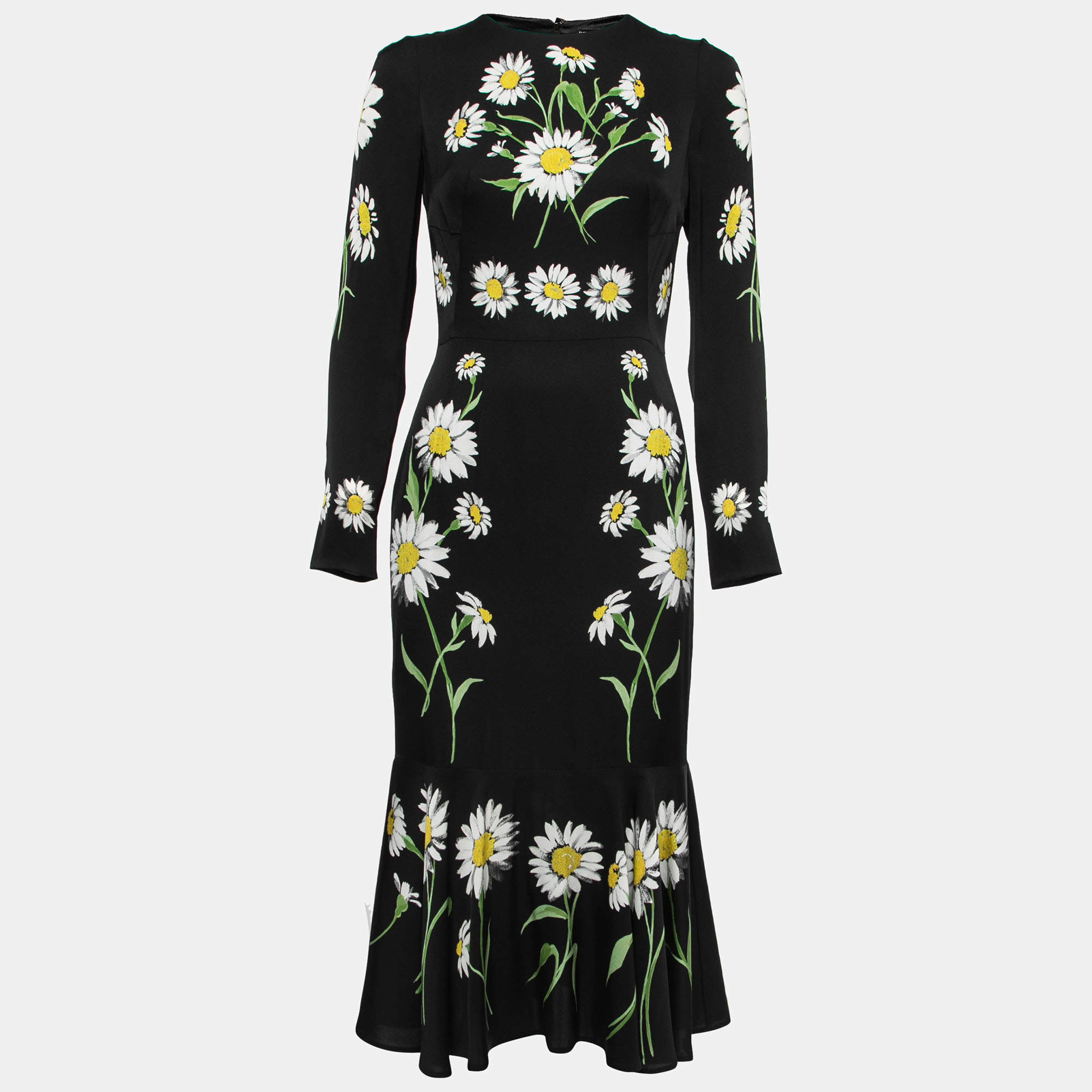 Pre Owned Dolce & Gabbana Black Floral Printed Silk Long Sleeve Dress M