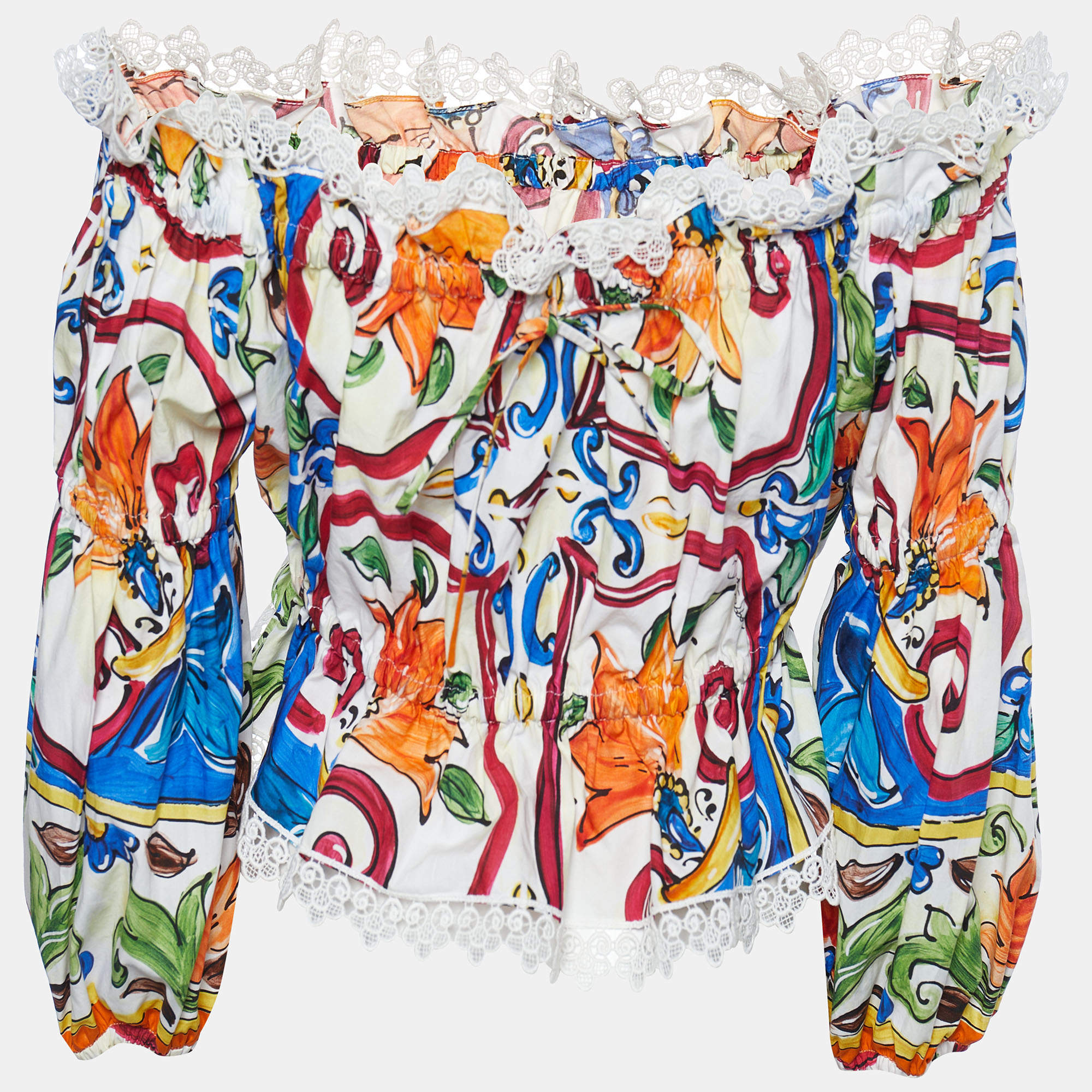 Pre Owned Dolce & Gabbana Multicolor Majolica Printed Cotton Lace Detail Off Shoulder Top L