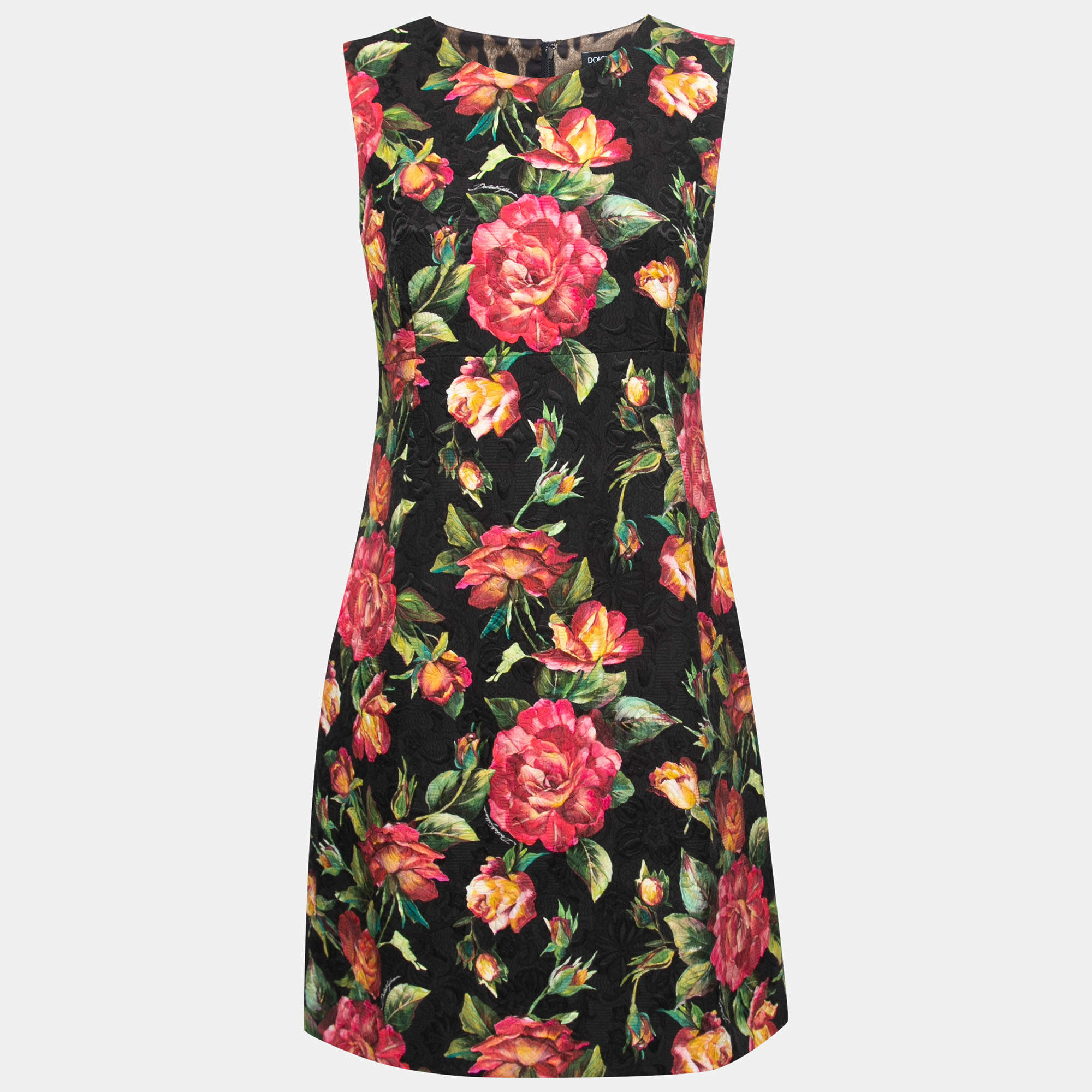 Pre Owned Dolce & Gabbana Black Rose Print Embossed Jacquared Sleeveless Dress M