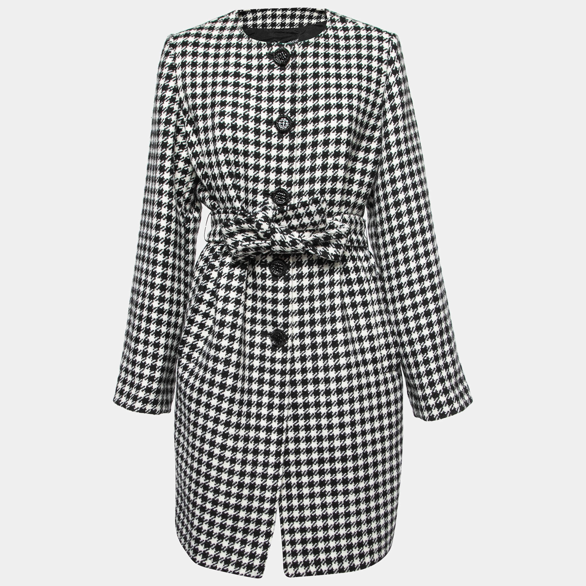 Dolce & Gabbana Black/White Houndstooth Wool Belted Coat L