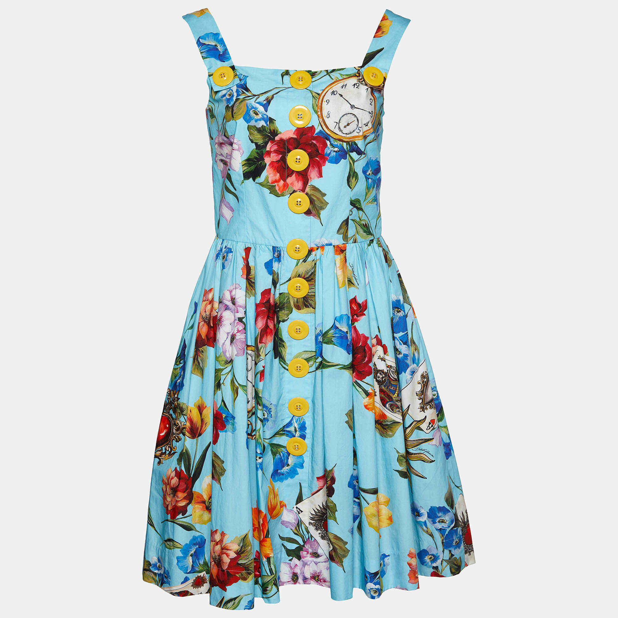 Pre Owned Dolce & Gabbana Blue Floral Printed Cotton Sleeveless Midi Dress M