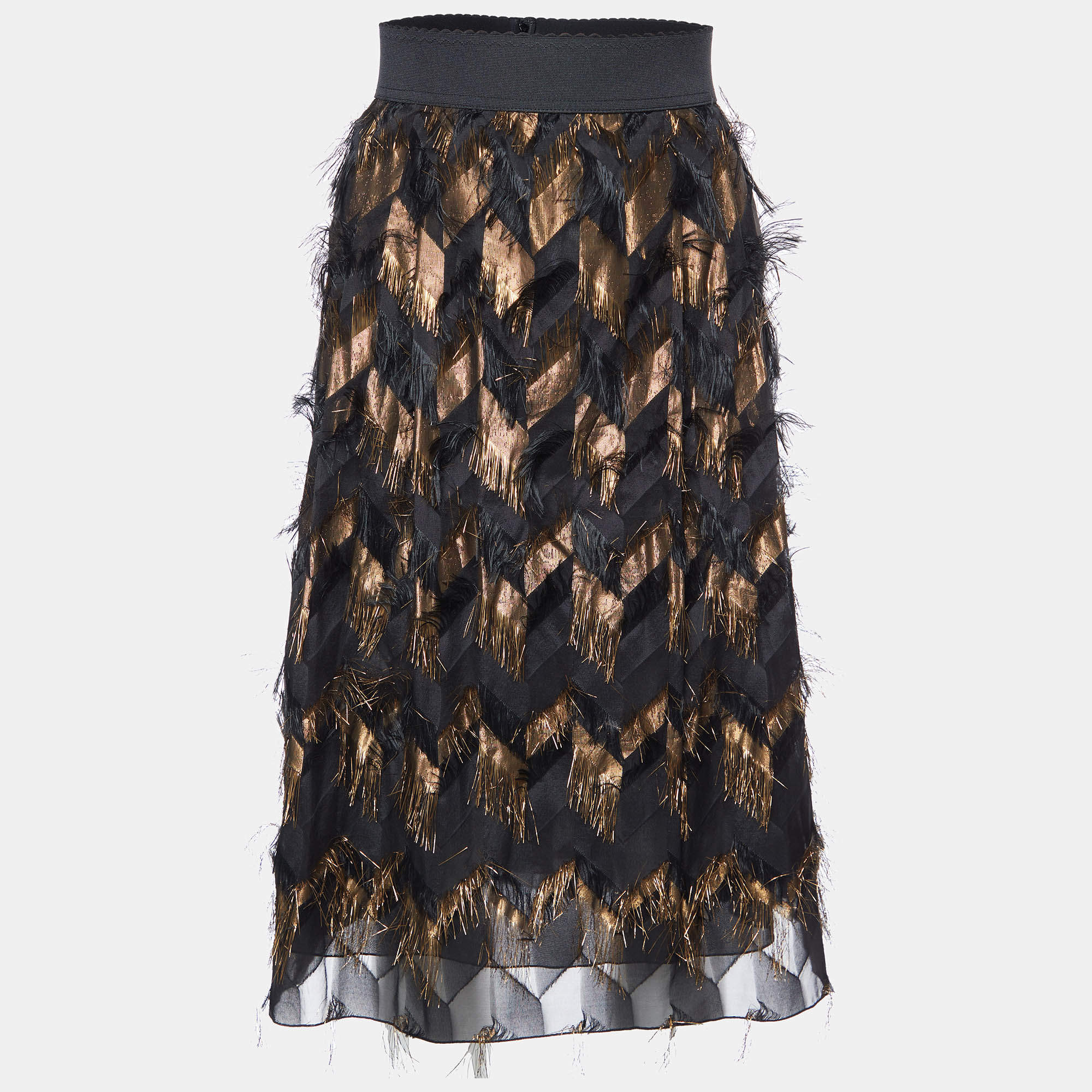 Pre Owned Dolce & Gabbana Black & Brown Lurex Silk Fringed Skirt L