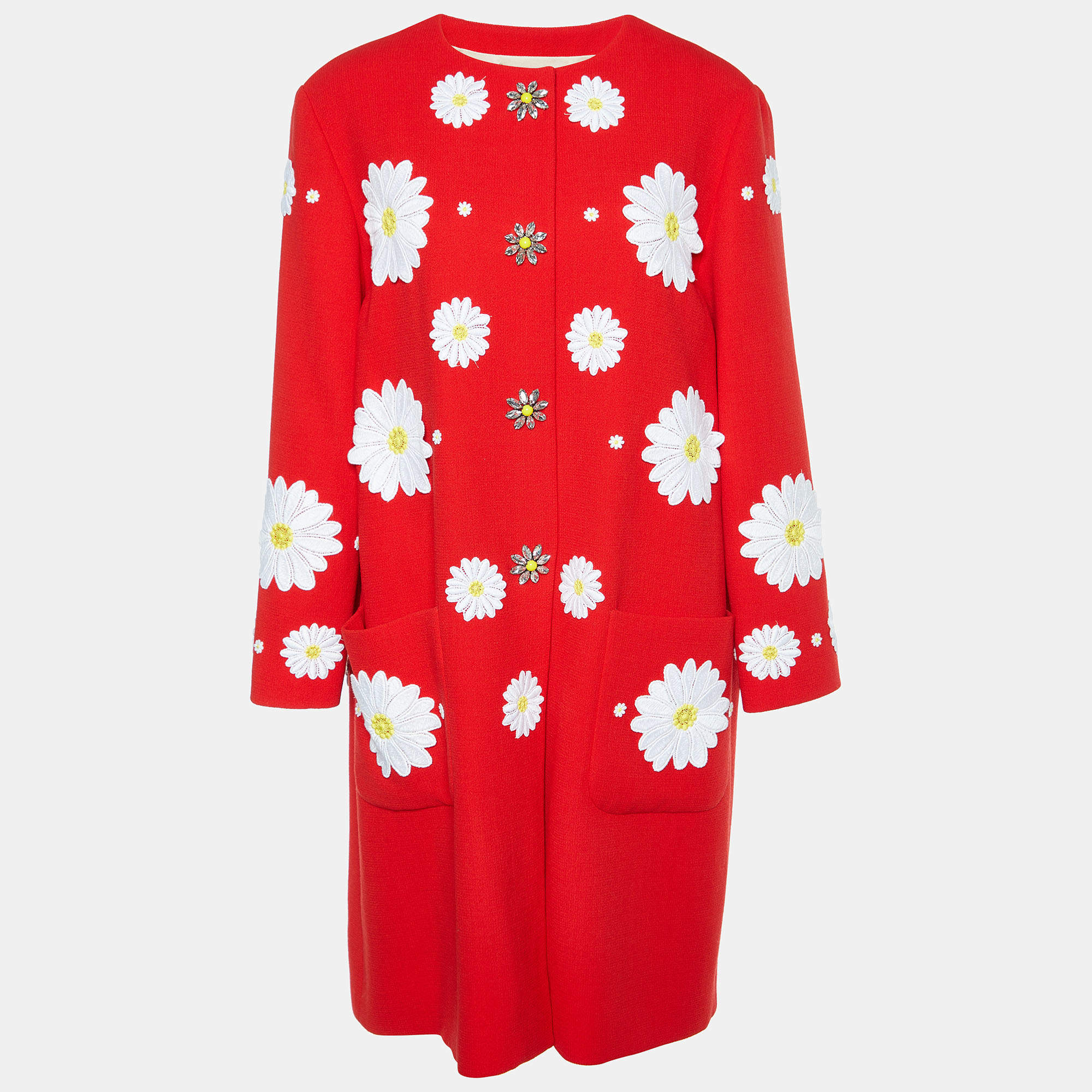 Dolce & Gabbana Red Wool Flower Applique Button Front Coat L