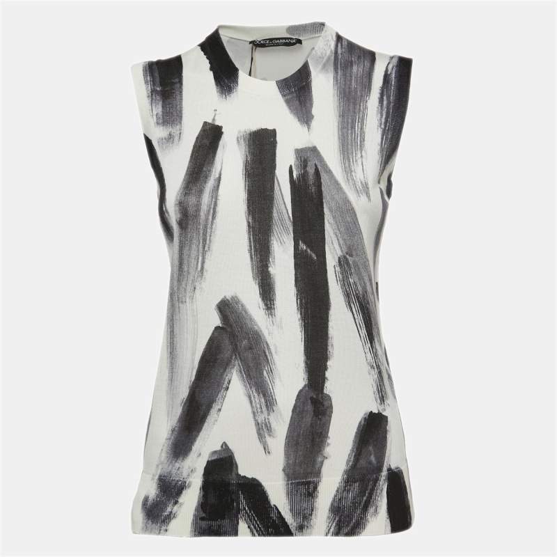 Pre Owned Dolce & Gabbana White/Black Silk Knit Sleeveless Top M
