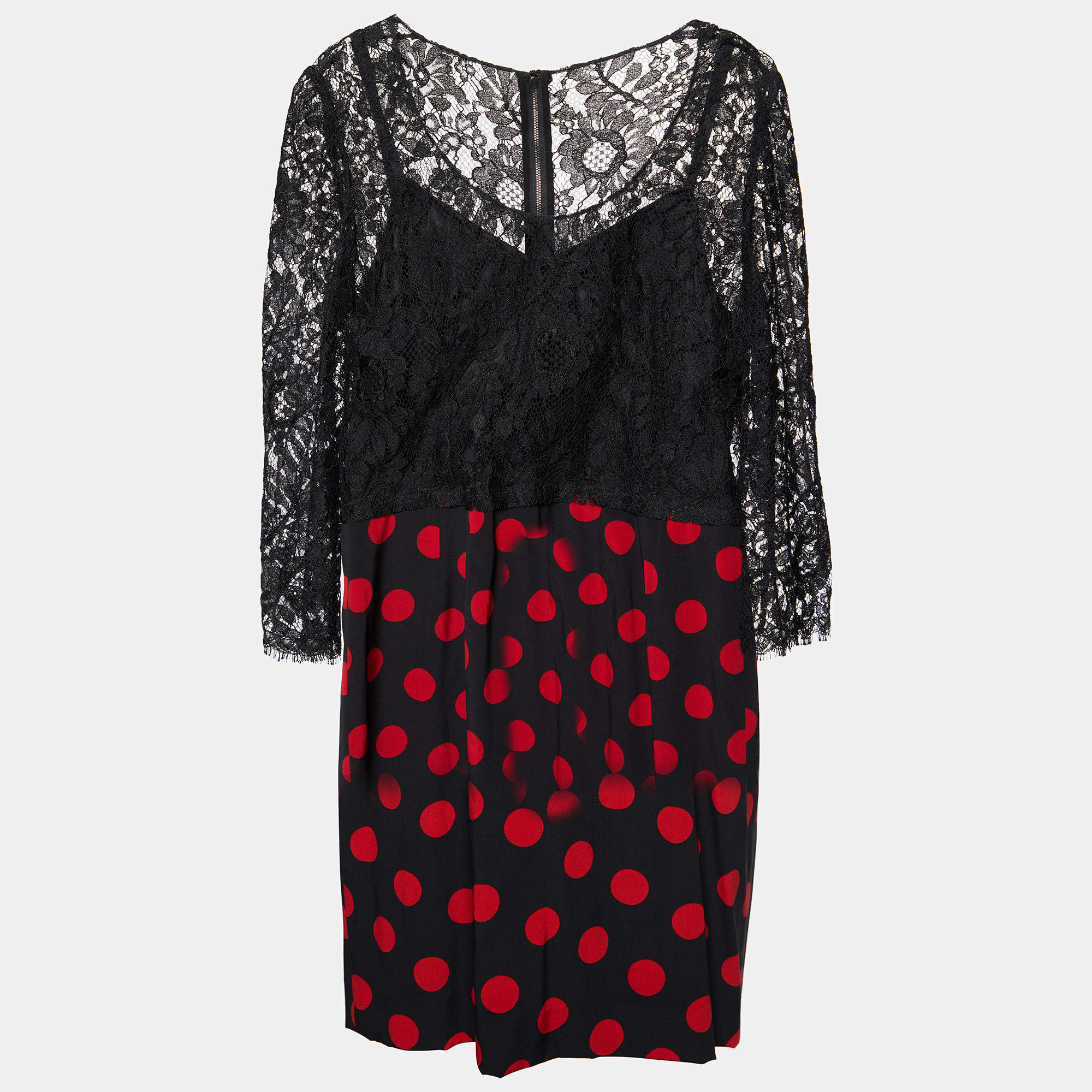 Pre Owned Dolce & Gabbana Black Lace & Polka Dot Printed Silk Midi Dress L