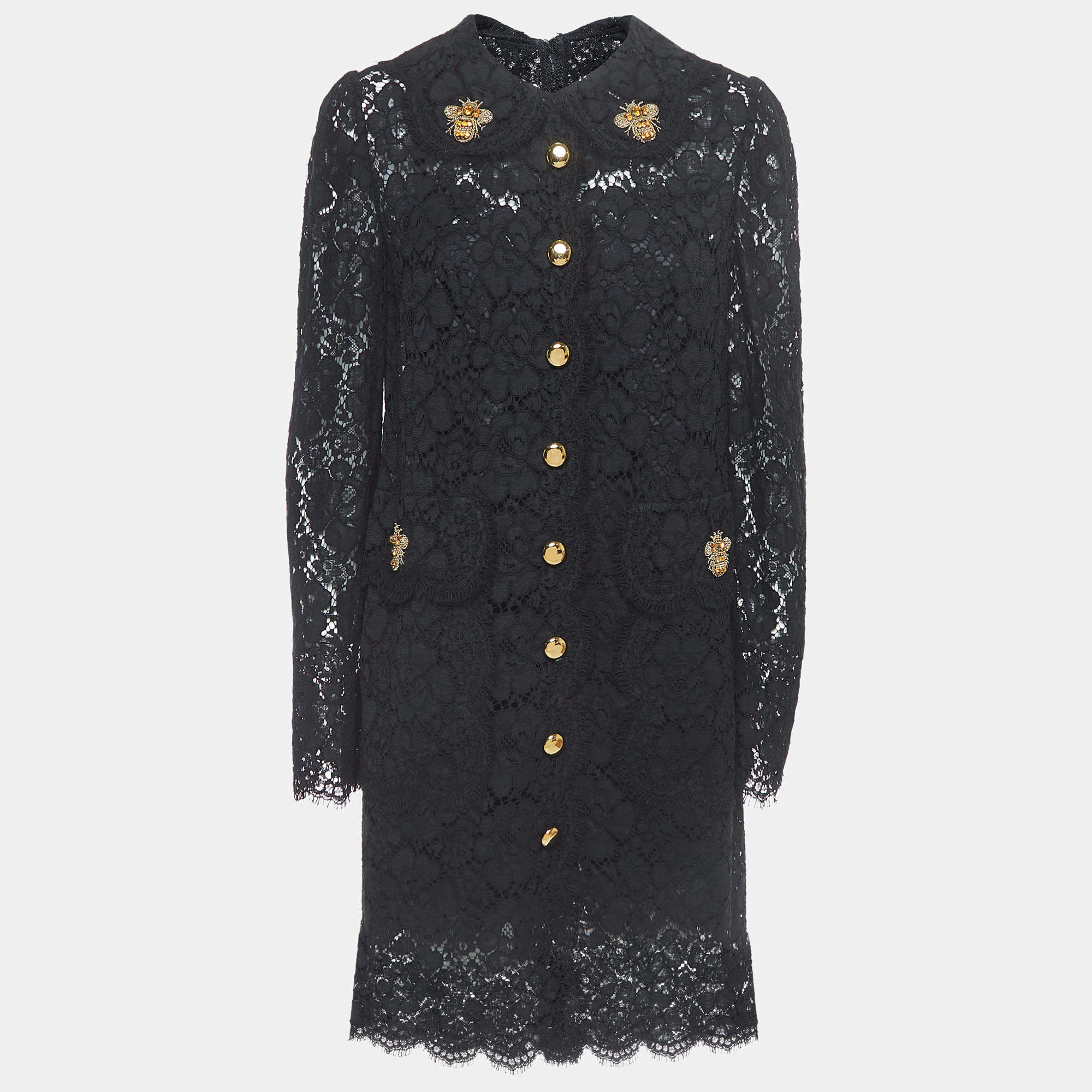 Pre Owned Dolce & Gabbana Black Floral Lace Bee Embellished Detail Mini Dress L