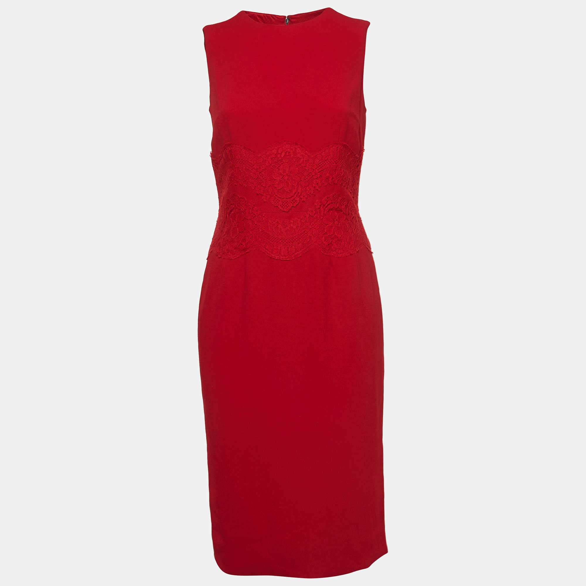 Pre Owned Dolce & Gabbana Red Crepe Lace Trim Sleeveless Dress M