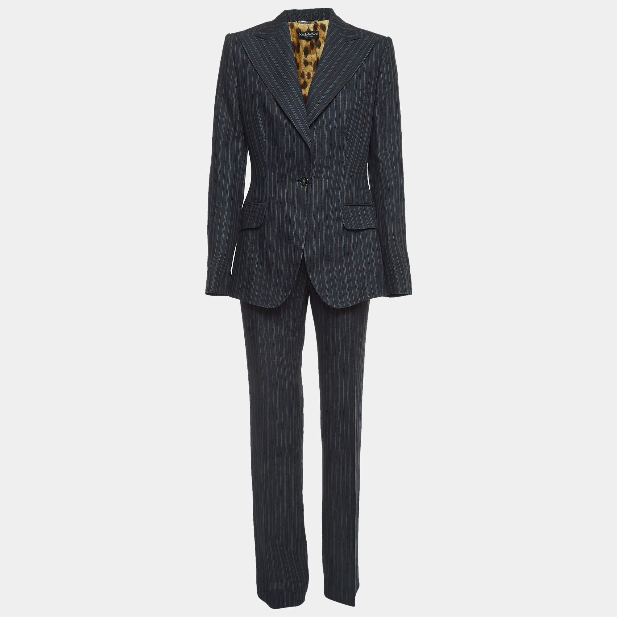 Pre Owned Dolce & Gabbana Navy Blue Pinstripe Linen Single Breasted Suit M