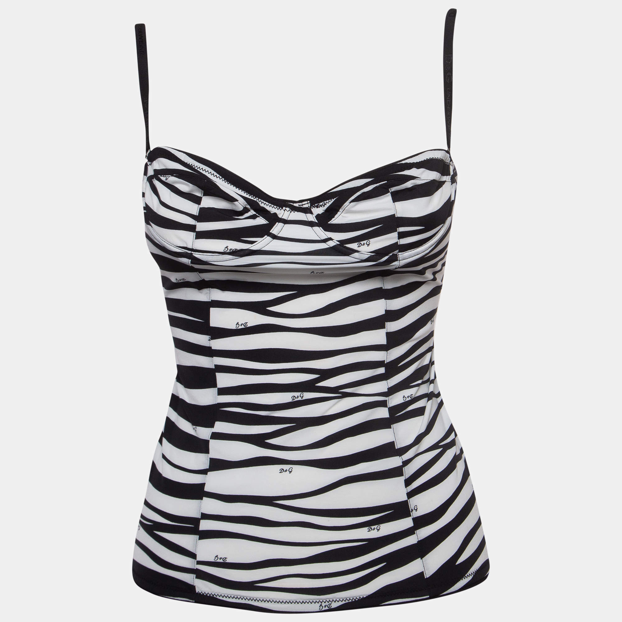 Pre Owned Dolce & Gabbana Under Wear Black/White Print Stretch Nylon Strappy Top M