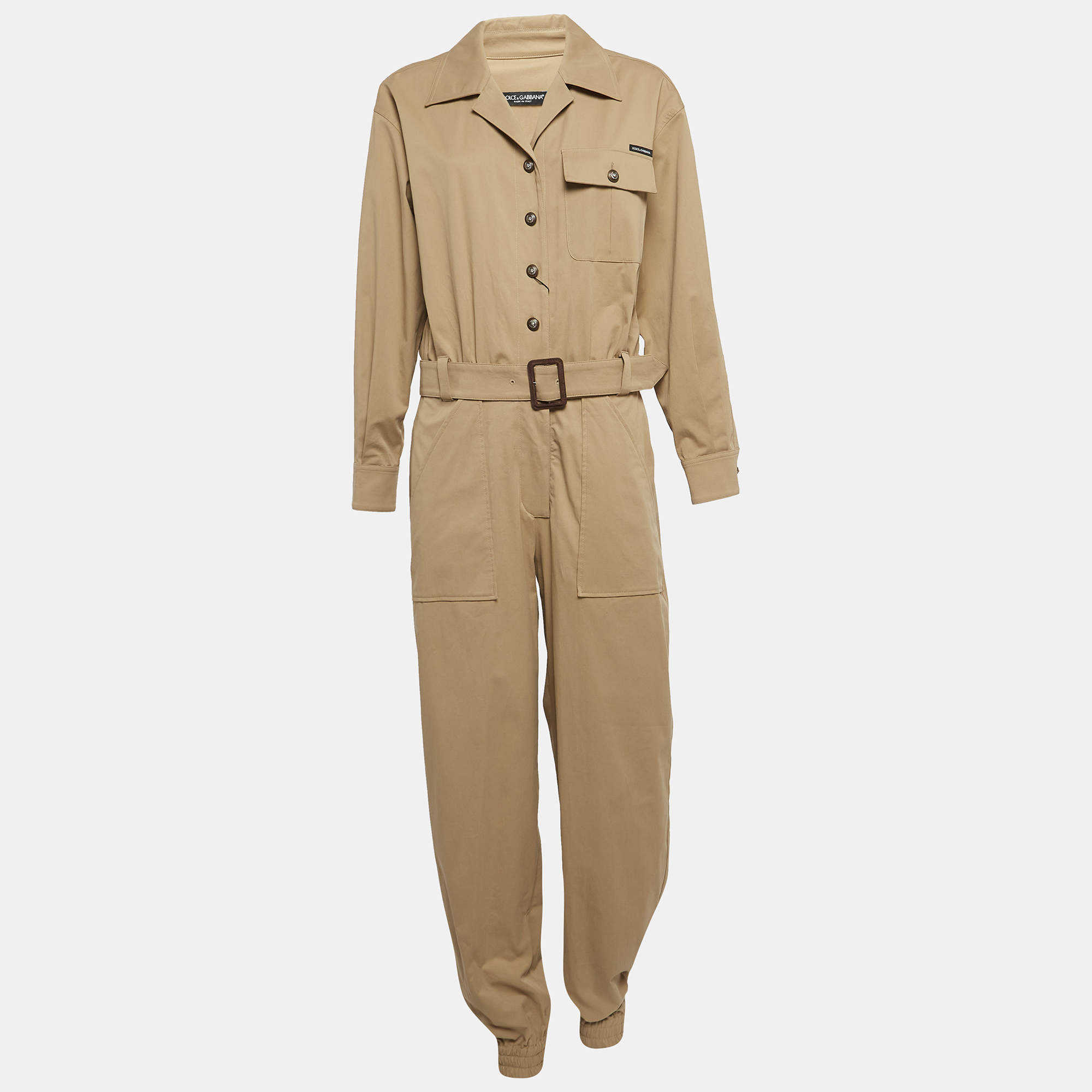 Dolce & Gabbana Beige Cotton Belted Cargo Jumpsuit M
