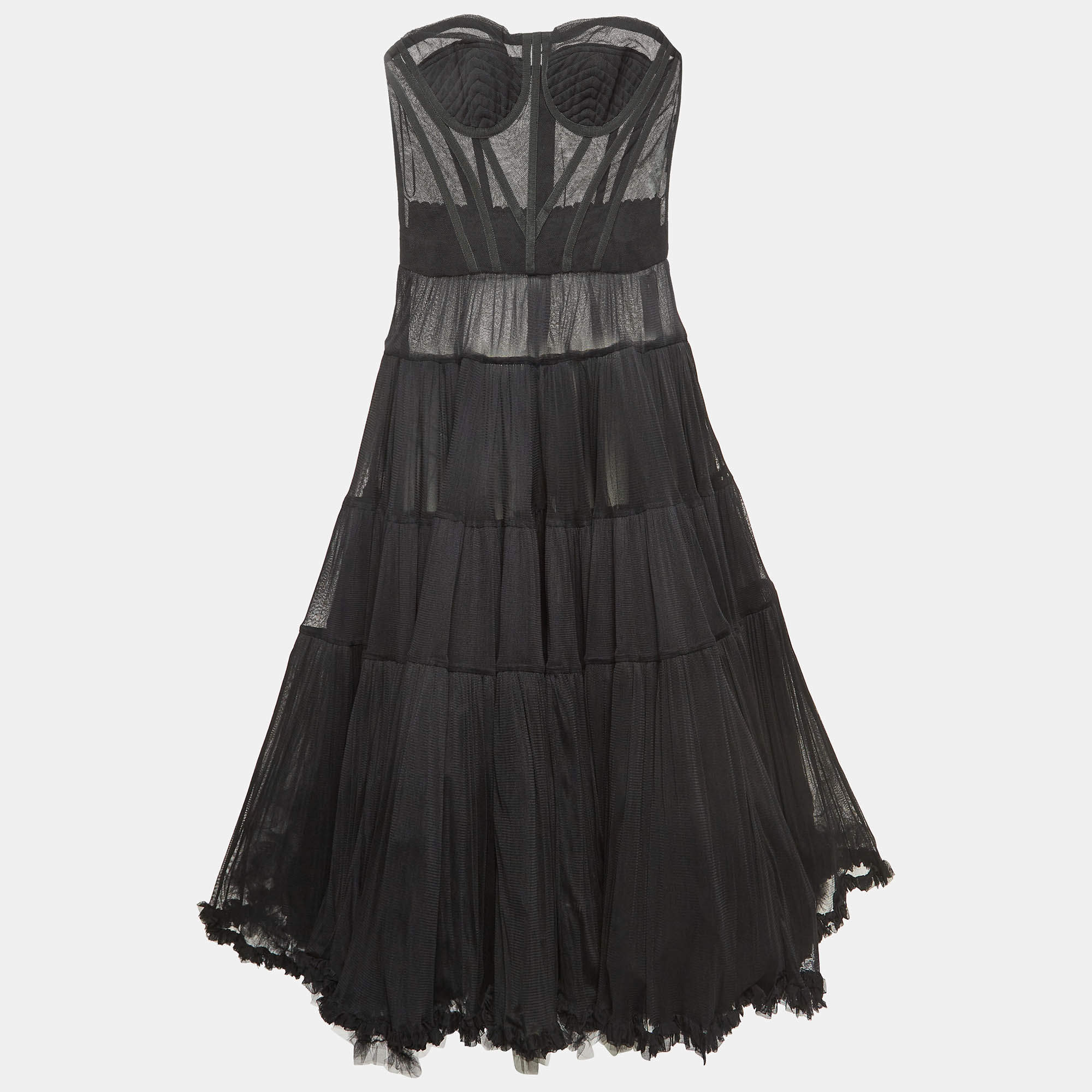 Pre Owned Dolce & Gabbana Black Tulle Semi Sheer Strapless Corset Dress M