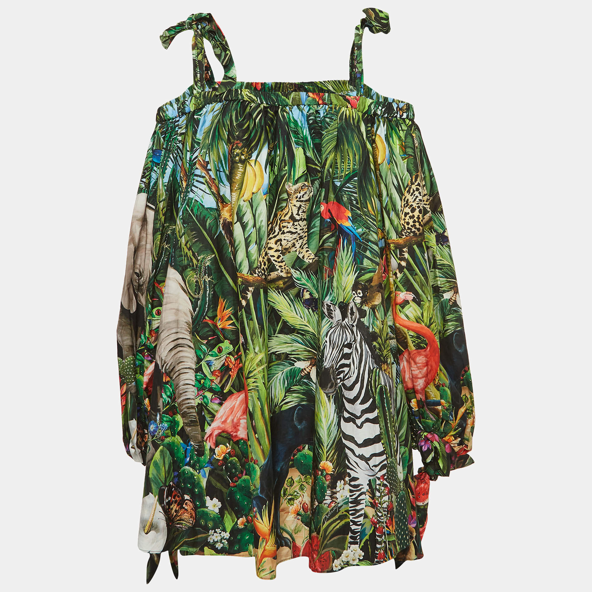 مملوكة مسبقًا Dolce & Gabbana Green Braces and Jungle Print Poplin Cold Shoulder Mini Dress XL
