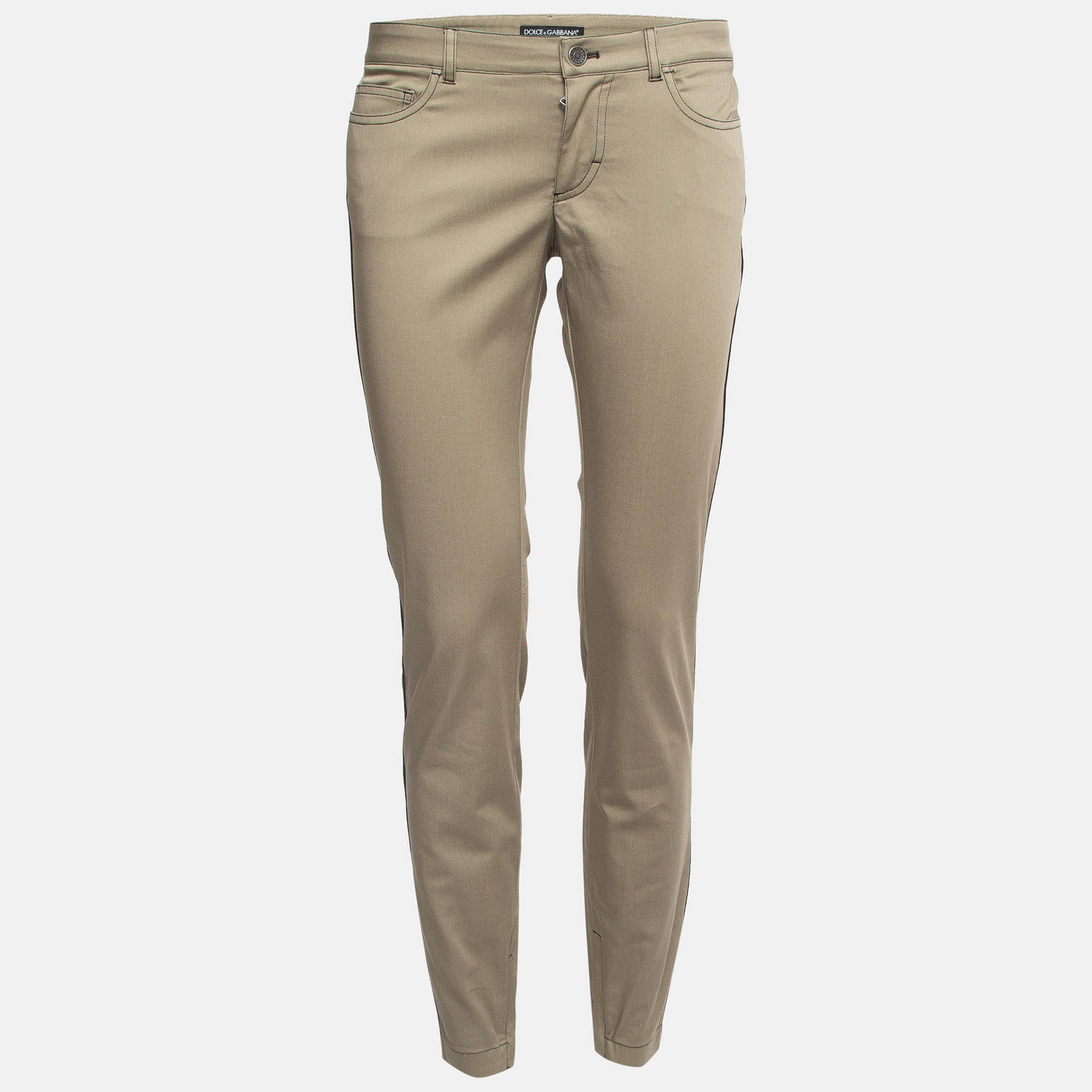 Pre Owned Dolce & Gabbana Green Contrast Side Trim Cotton Slim Trousers M