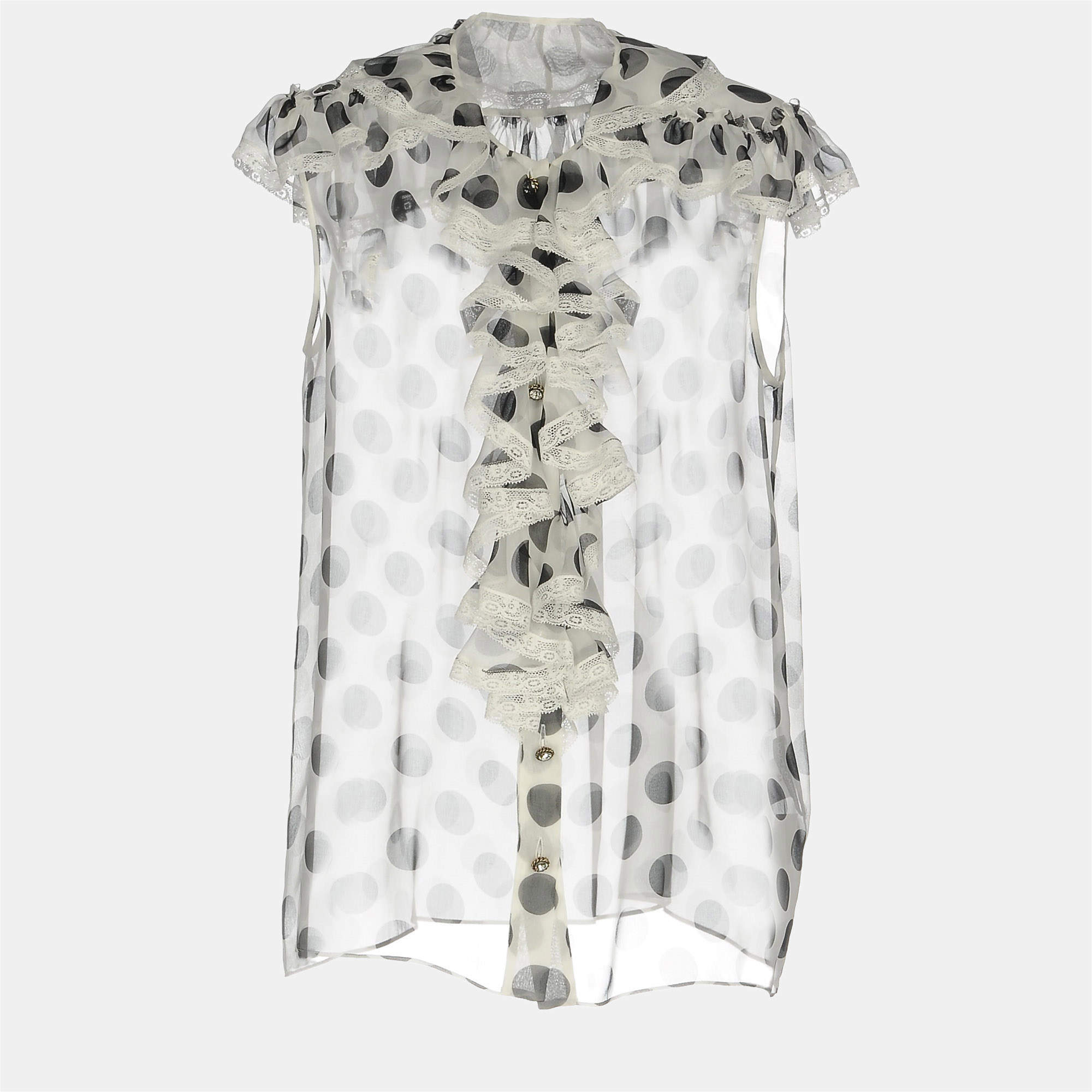 Pre Owned Dolce & Gabbana White Polka Dot Silk Ruffled Blouse M (IT 42)