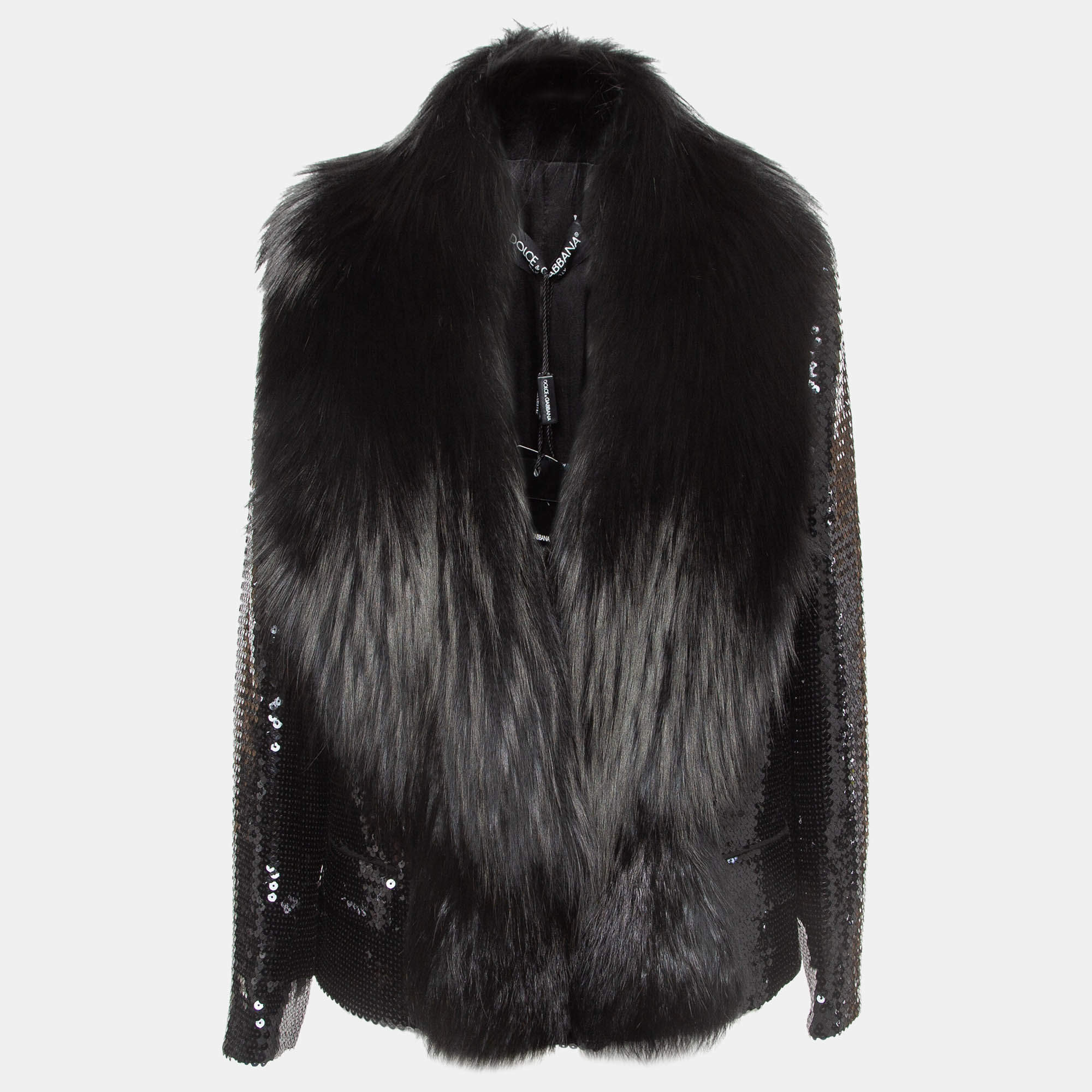 Pre Owned Dolce & Gabbana Black Sequin Paillette Fox Fur Collar Jacket M