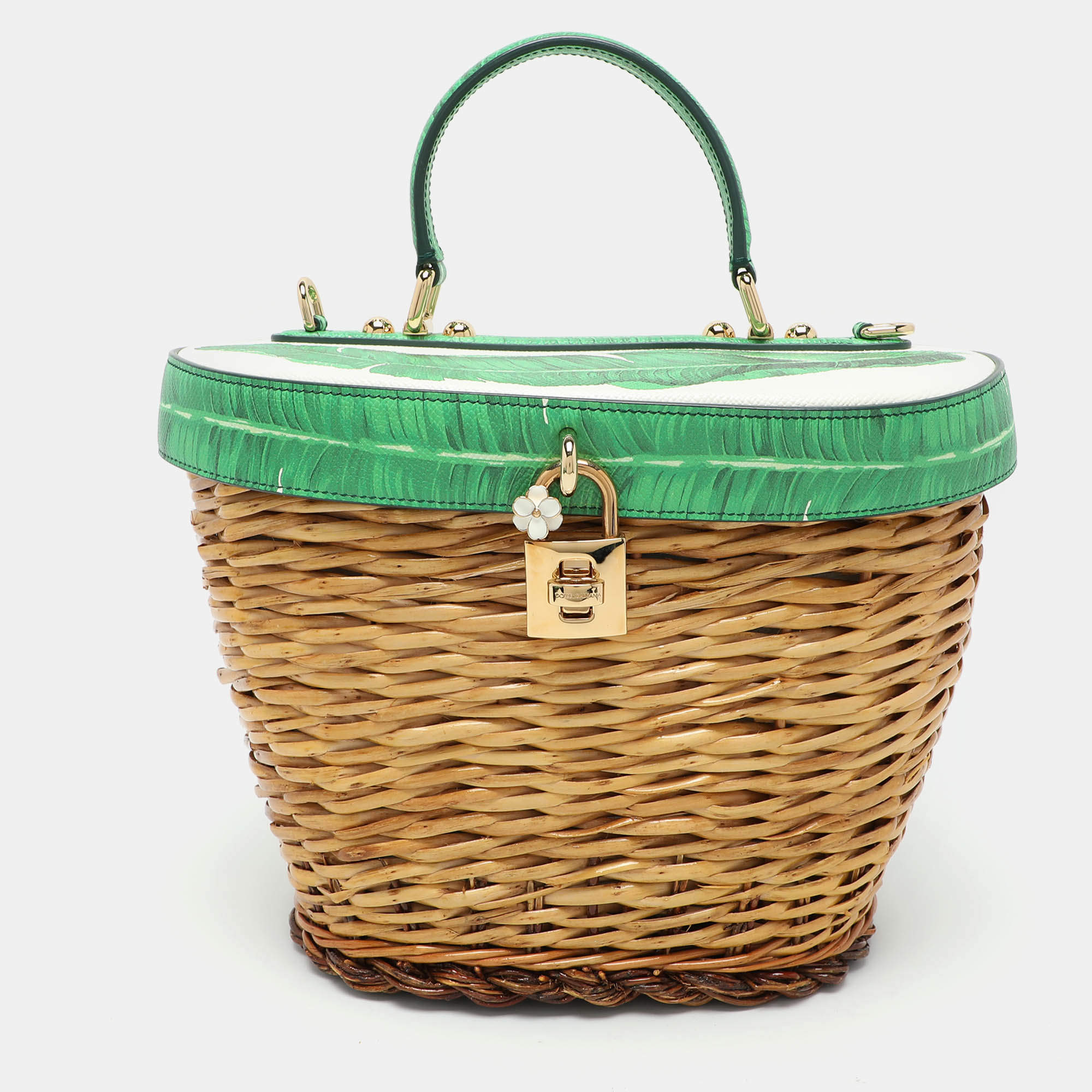 Pre Owned Dolce & Gabbana Multicolor Banana Leaf Print Leather and Wicker Basket Top Handle Bag