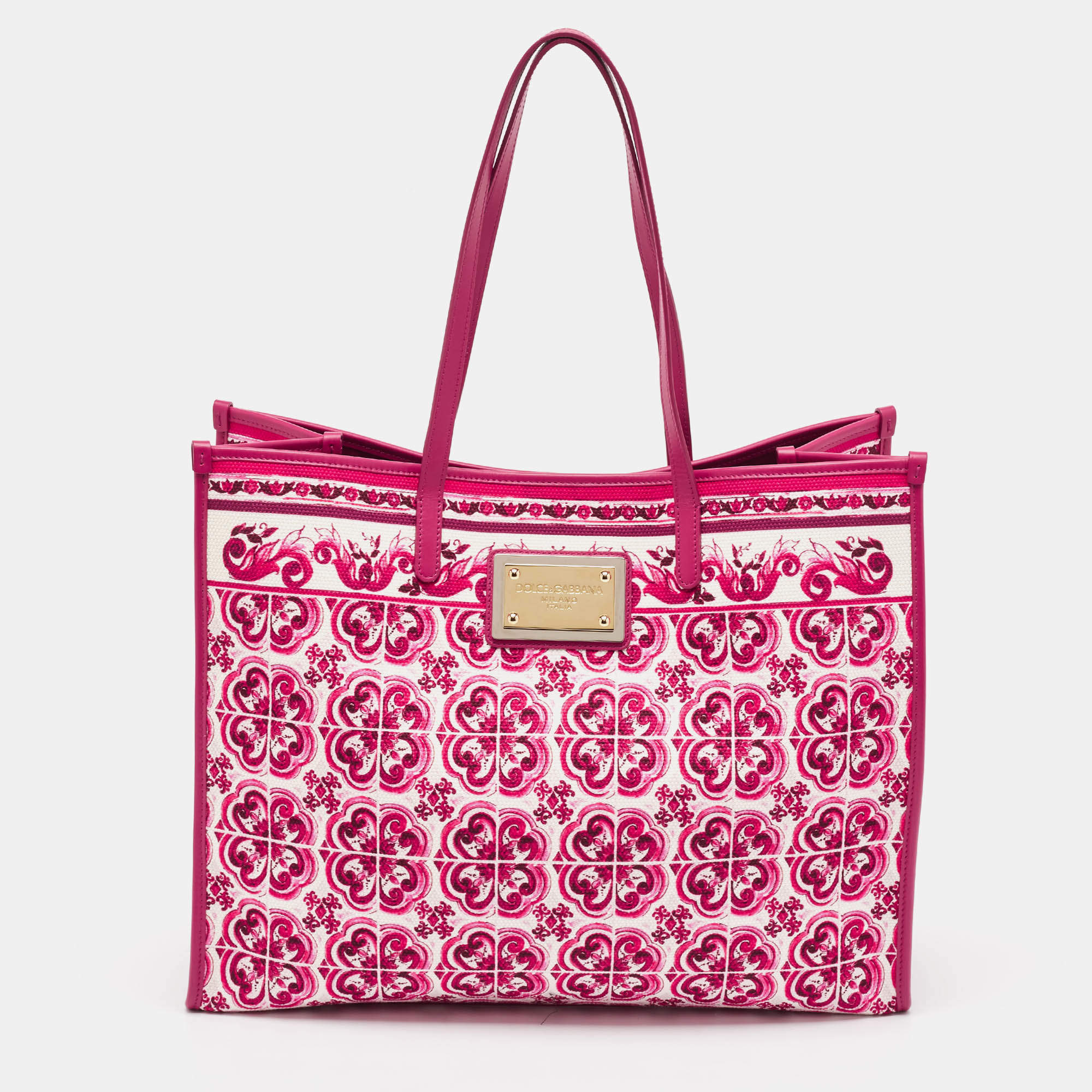 Pre Owned Dolce & Gabbana Fuchsia Majolica Print Canvas Large Shopper Tote