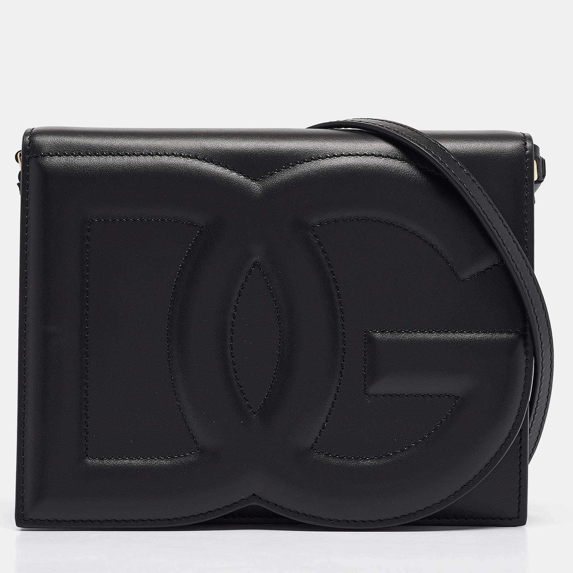 Pre Owned Dolce & Gabbana Black Leather DG Logo Crossbody Bag