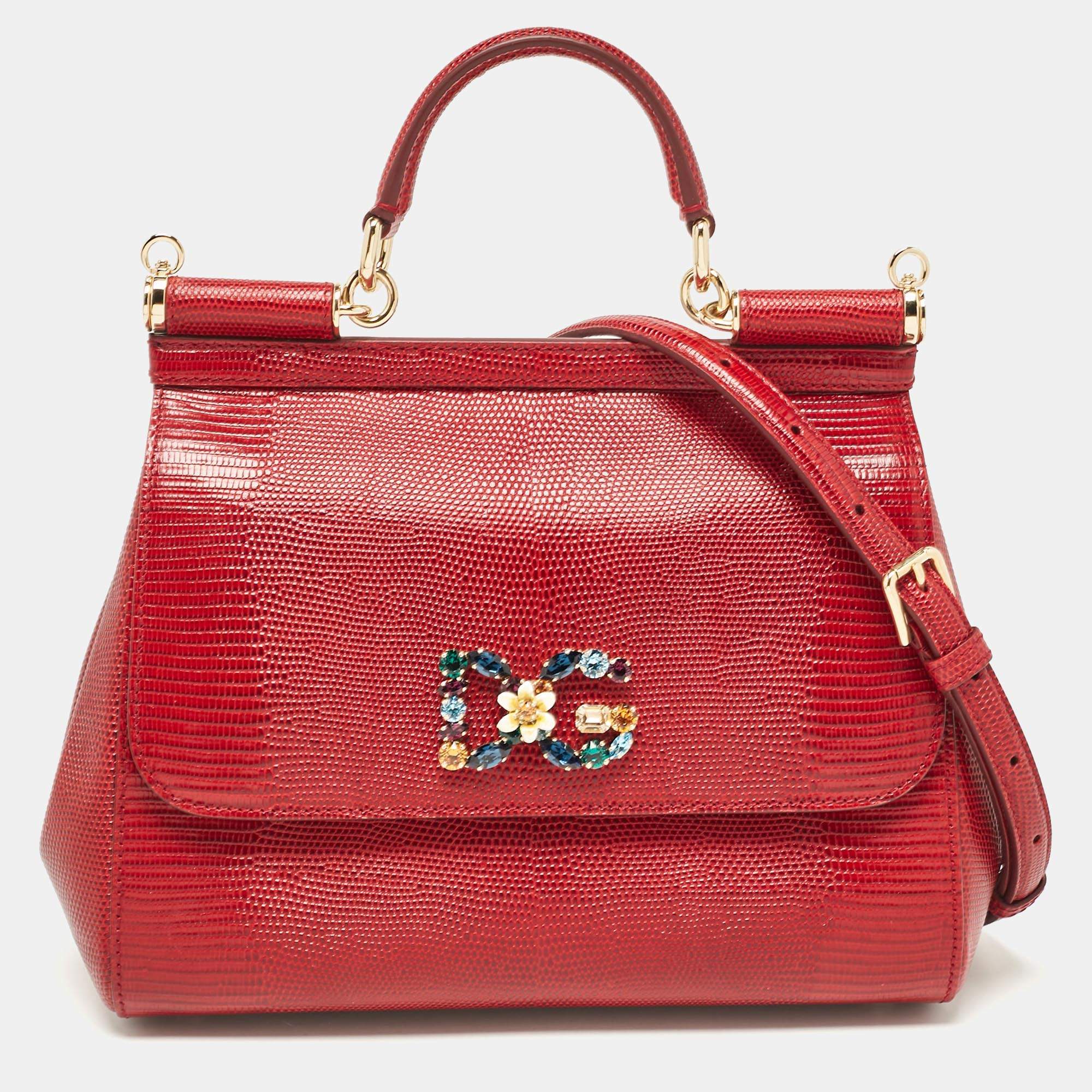 Dolce & Gabbana Red Lizard Embossed Leather Medium Miss Sicily Top Handle Bag