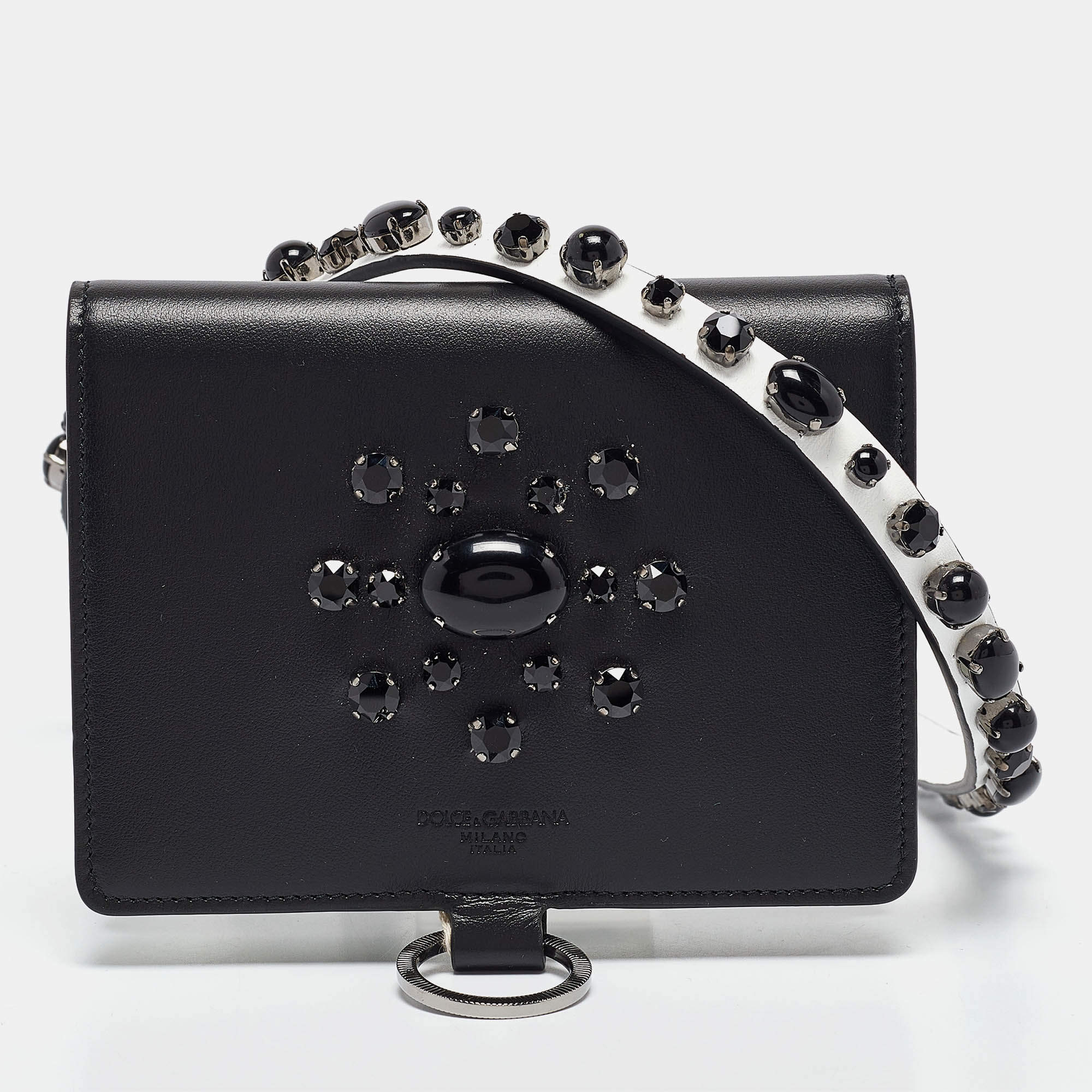 Dolce & Gabbana Black Leather Crystal Embellished Flap Crossbody Bag