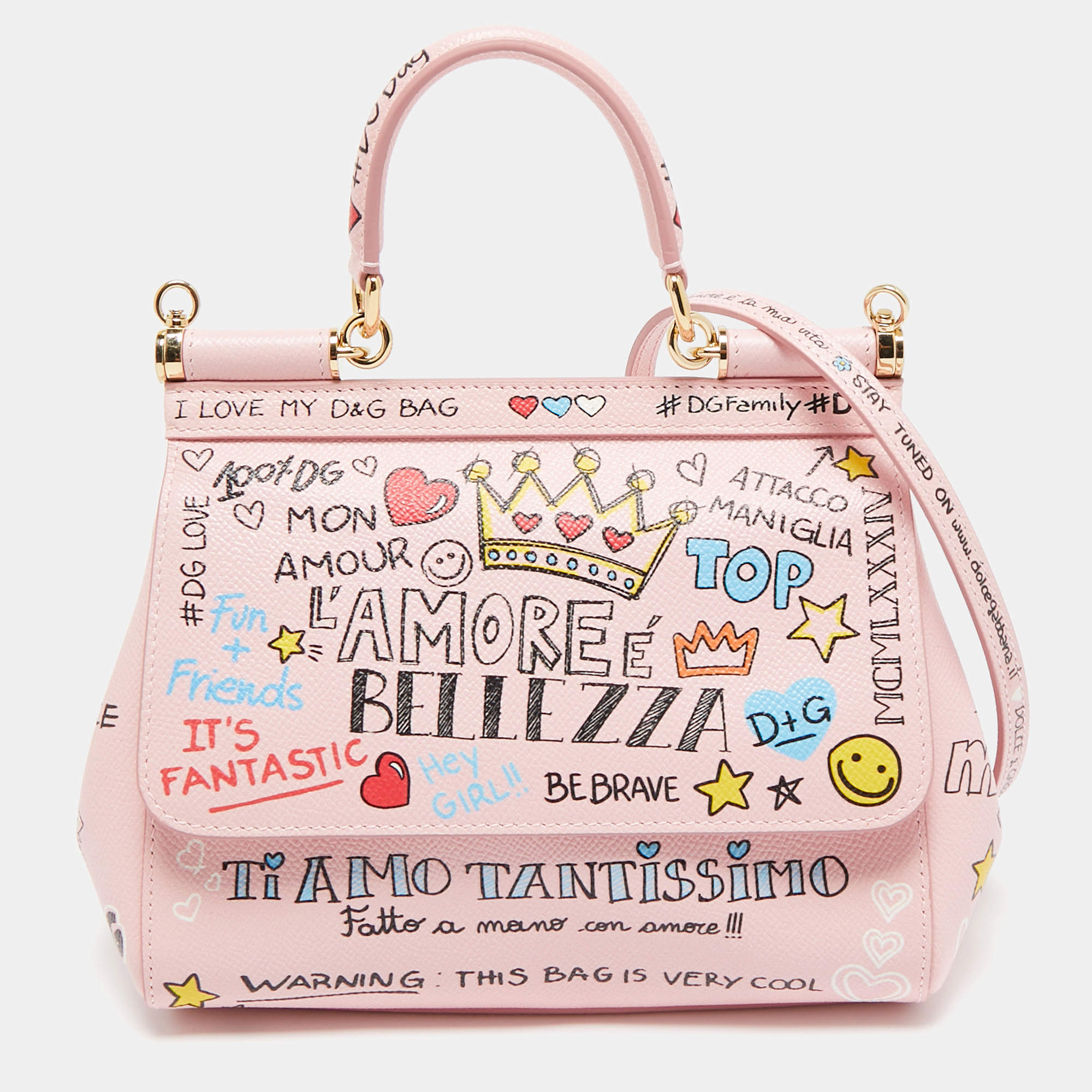 Pre Owned Dolce & Gabbana Pink Leather Small Graffiti Miss Sicily Top Handle Bag