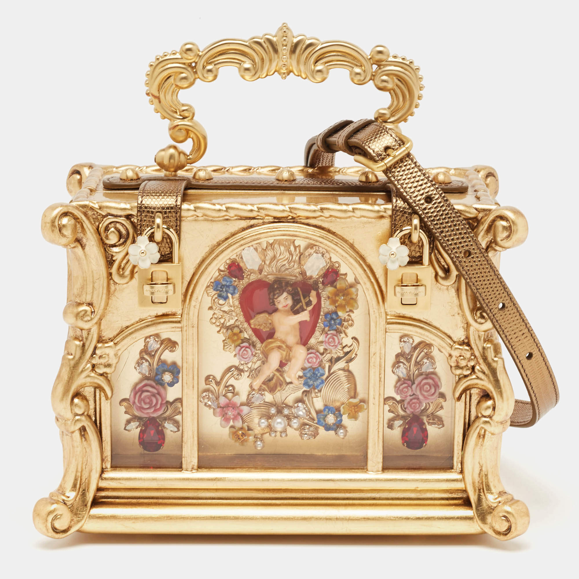 Dolce & Gabbana Gold Wood Angel Cherub Box Top Handle Bag