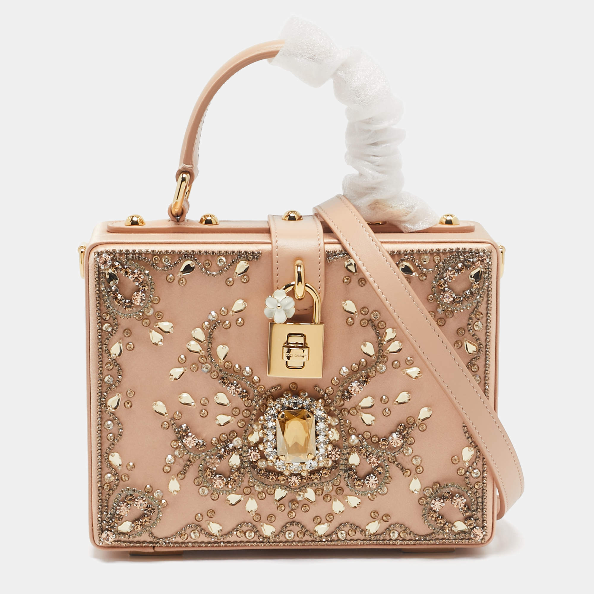 Dolce & Gabbana Beige Satin and Leather Crystal Embellished Rosaria Box Top Handle Bag
