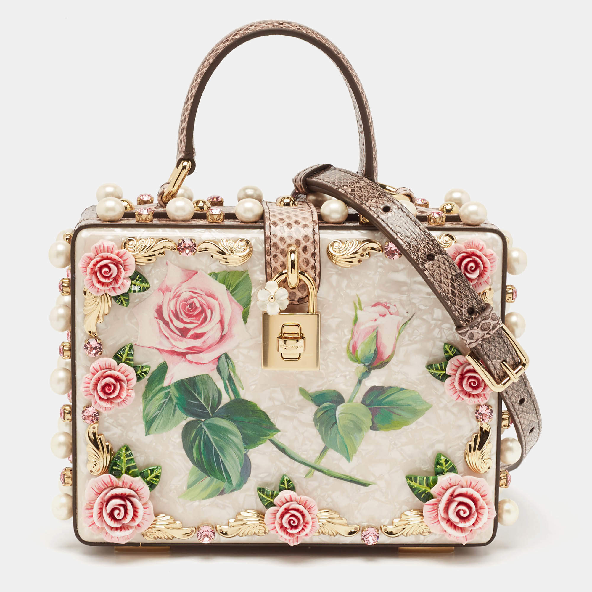 Pre Owned Dolce & Gabbana Pink Acrylic and Snakeskin Embellished Mother of Pearl Dolce Box Bag